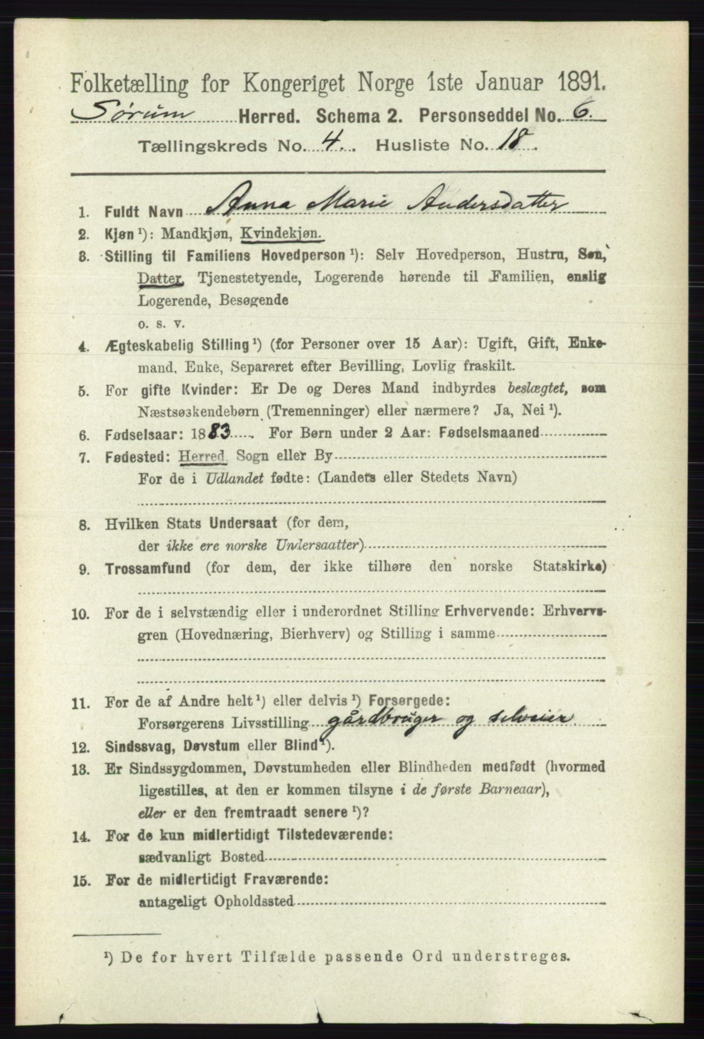 RA, 1891 census for 0226 Sørum, 1891, p. 1993