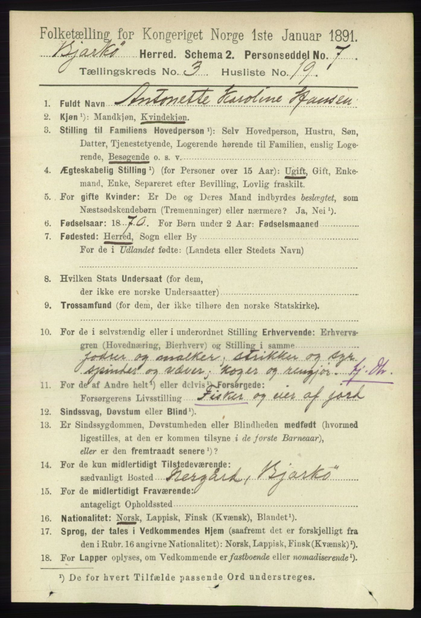 RA, 1891 census for 1915 Bjarkøy, 1891, p. 1656