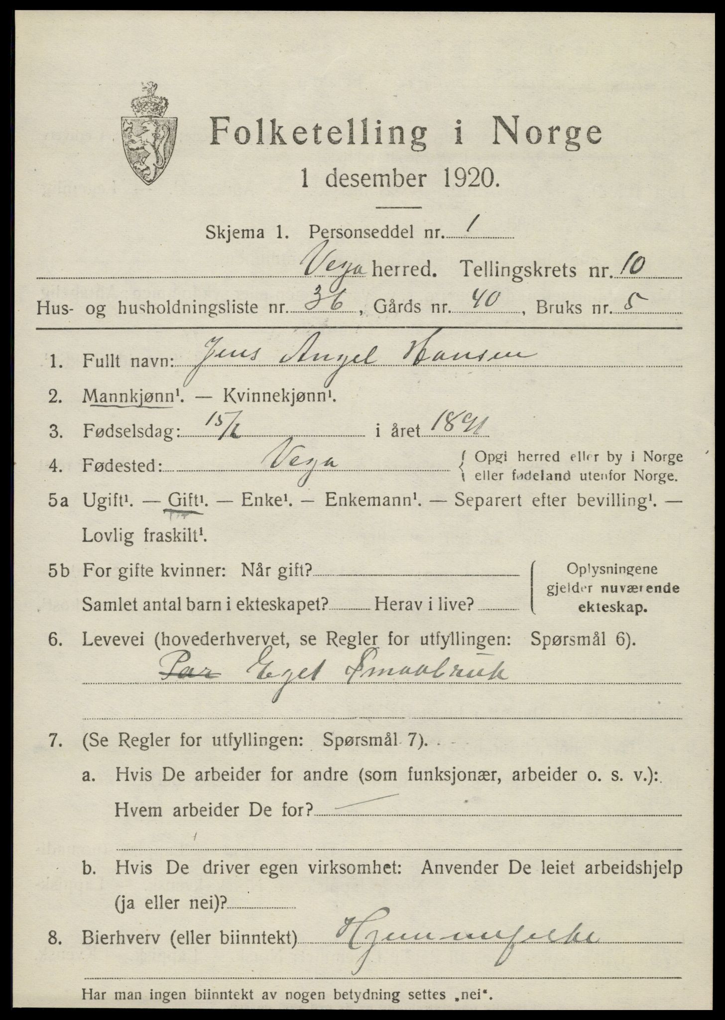 SAT, 1920 census for Vega, 1920, p. 5487