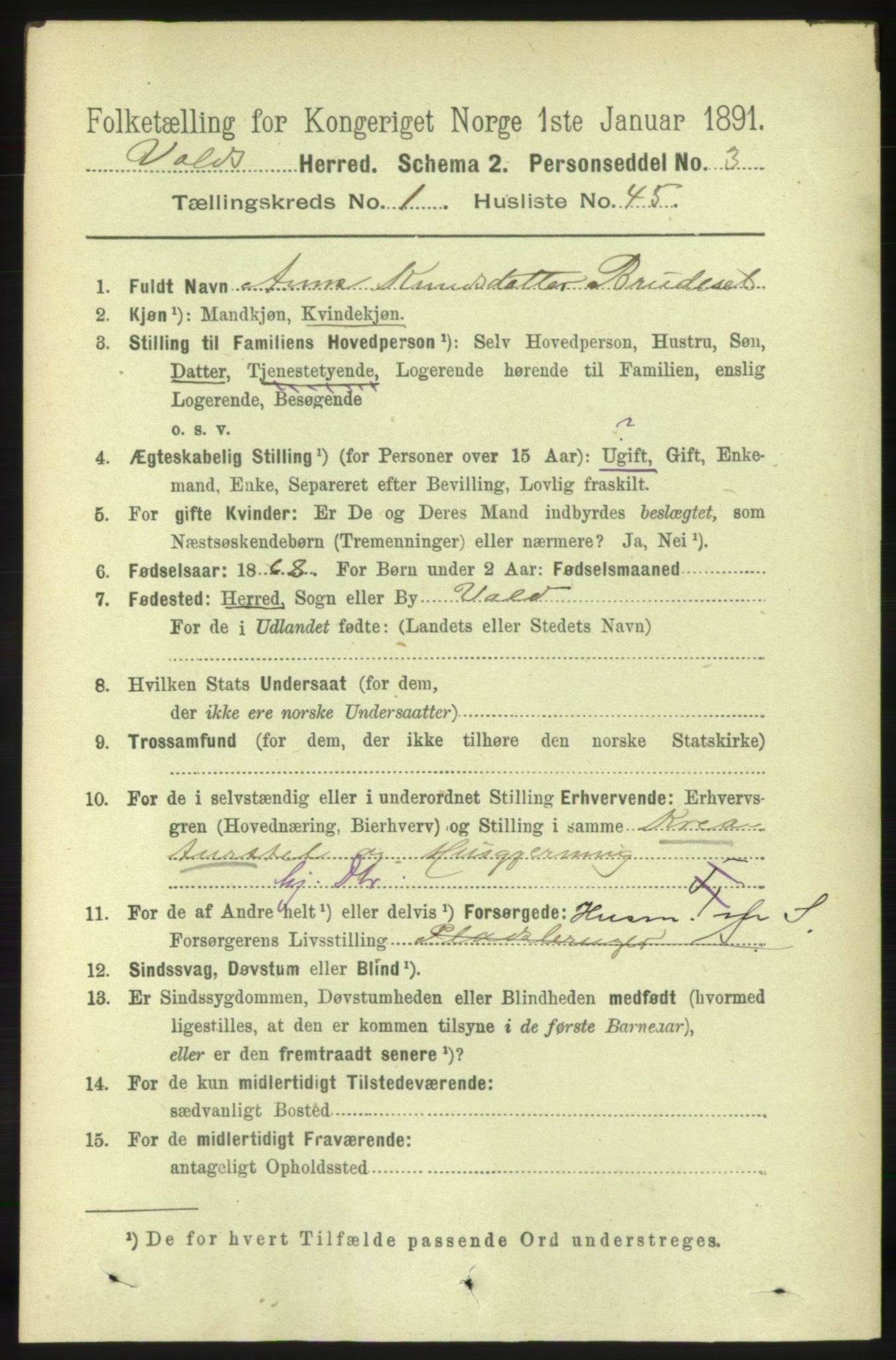 RA, 1891 census for 1537 Voll, 1891, p. 370