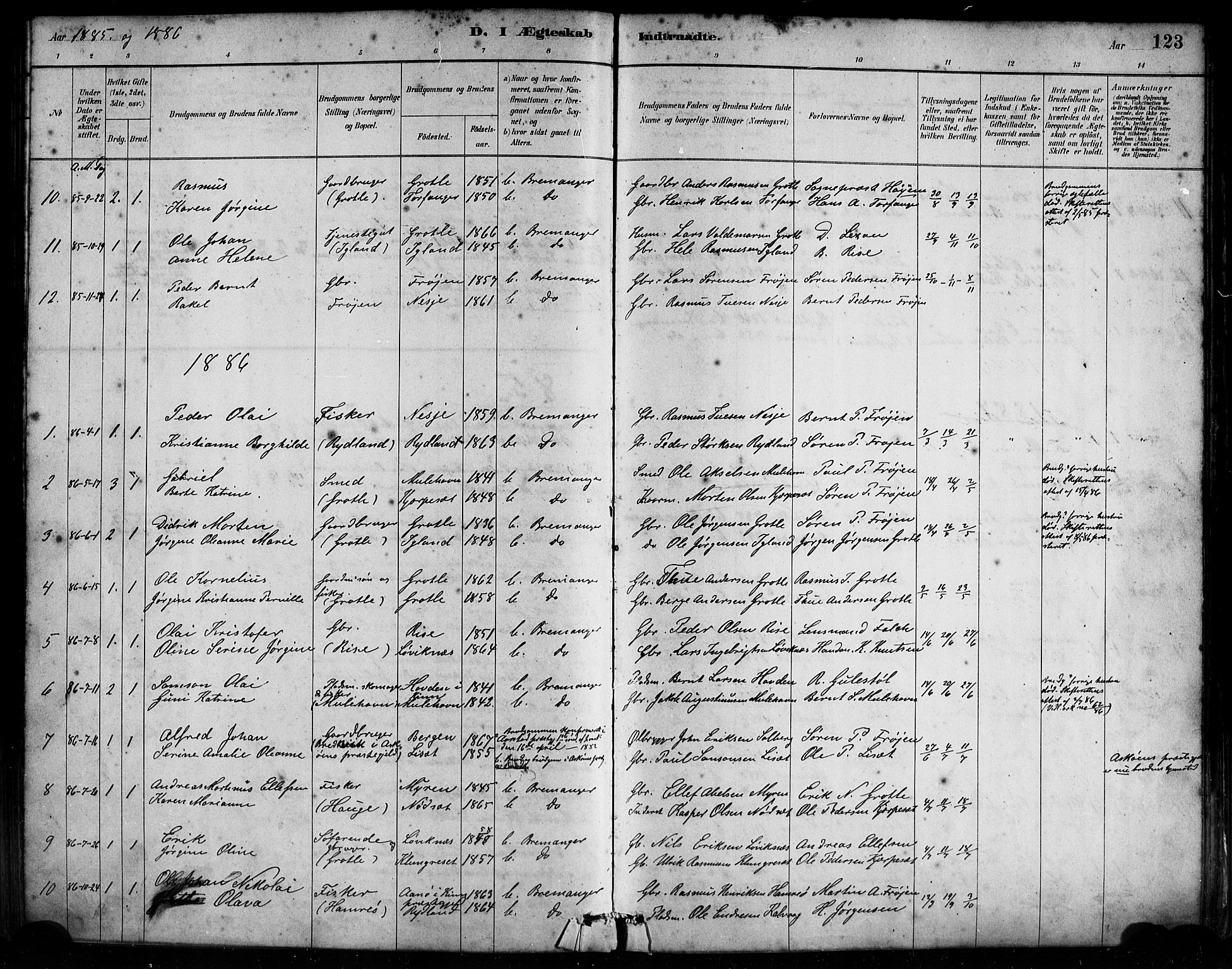 Bremanger sokneprestembete, SAB/A-82201/H/Haa/Haab/L0001: Parish register (official) no. B 1, 1884-1895, p. 123