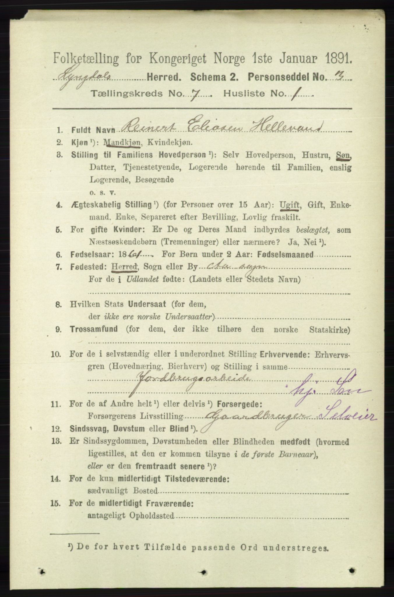 RA, 1891 census for 1032 Lyngdal, 1891, p. 2936