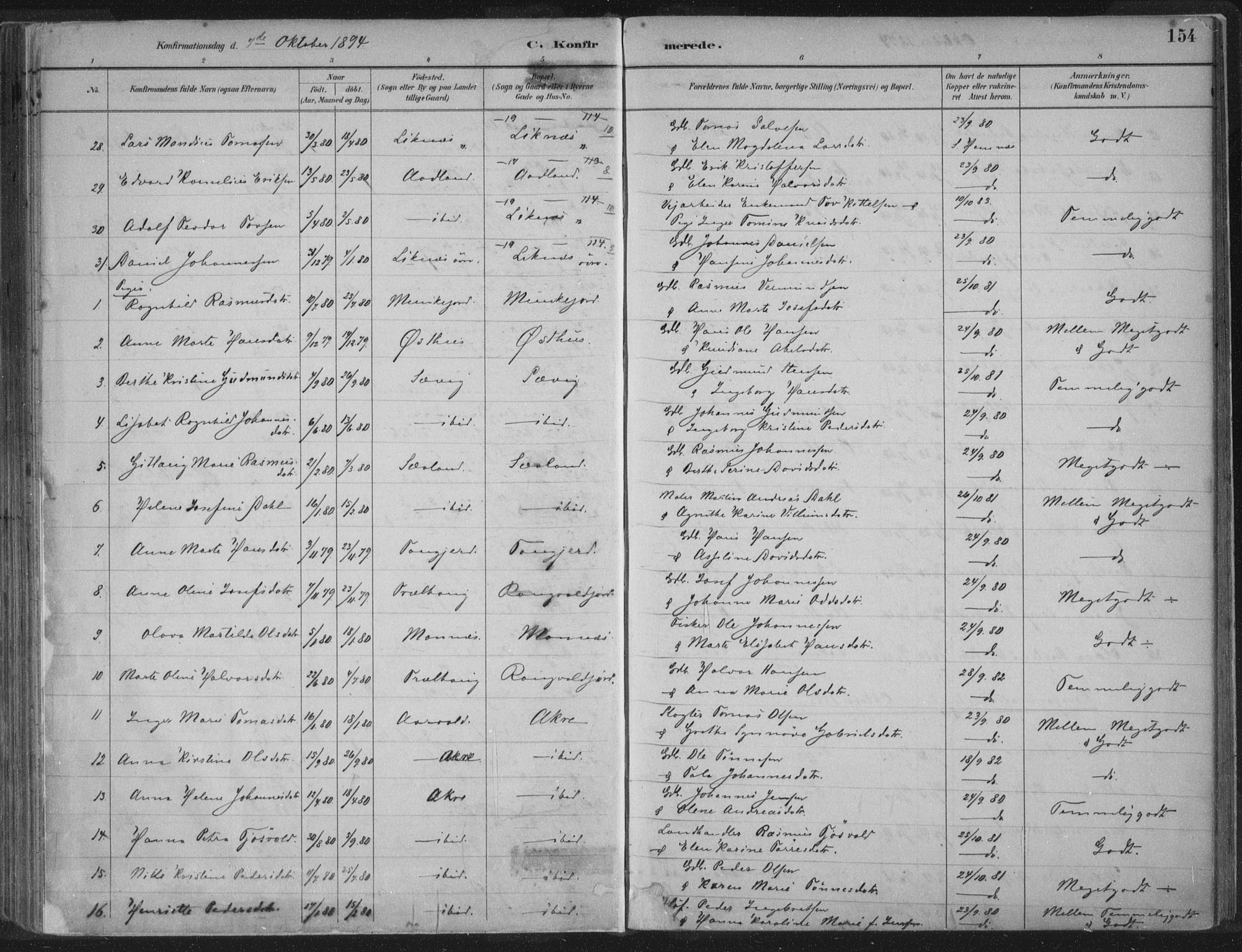 Kopervik sokneprestkontor, AV/SAST-A-101850/H/Ha/Haa/L0004: Parish register (official) no. A 4, 1882-1905, p. 154