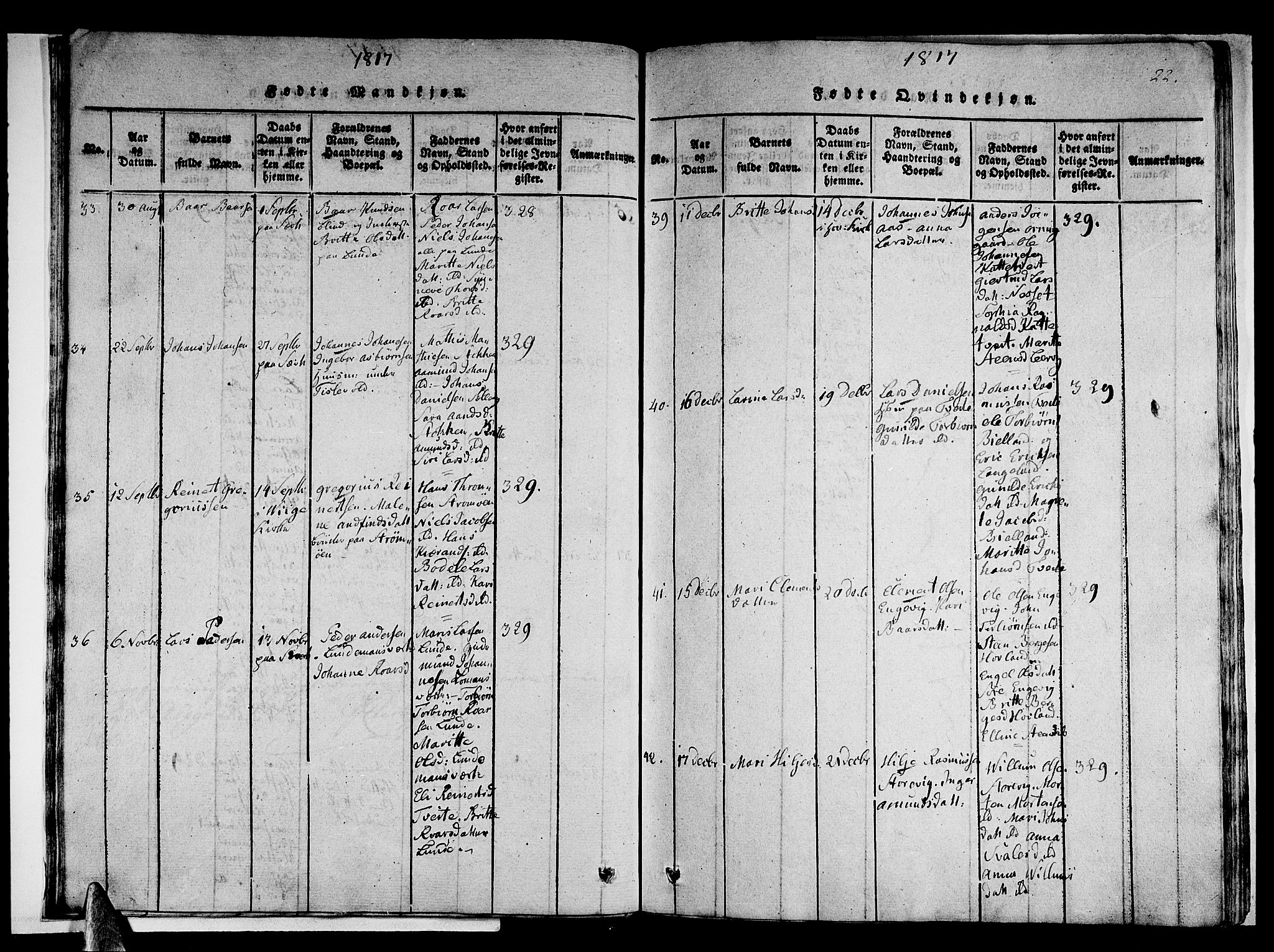 Stord sokneprestembete, AV/SAB-A-78201/H/Haa: Parish register (official) no. A 5, 1816-1825, p. 22