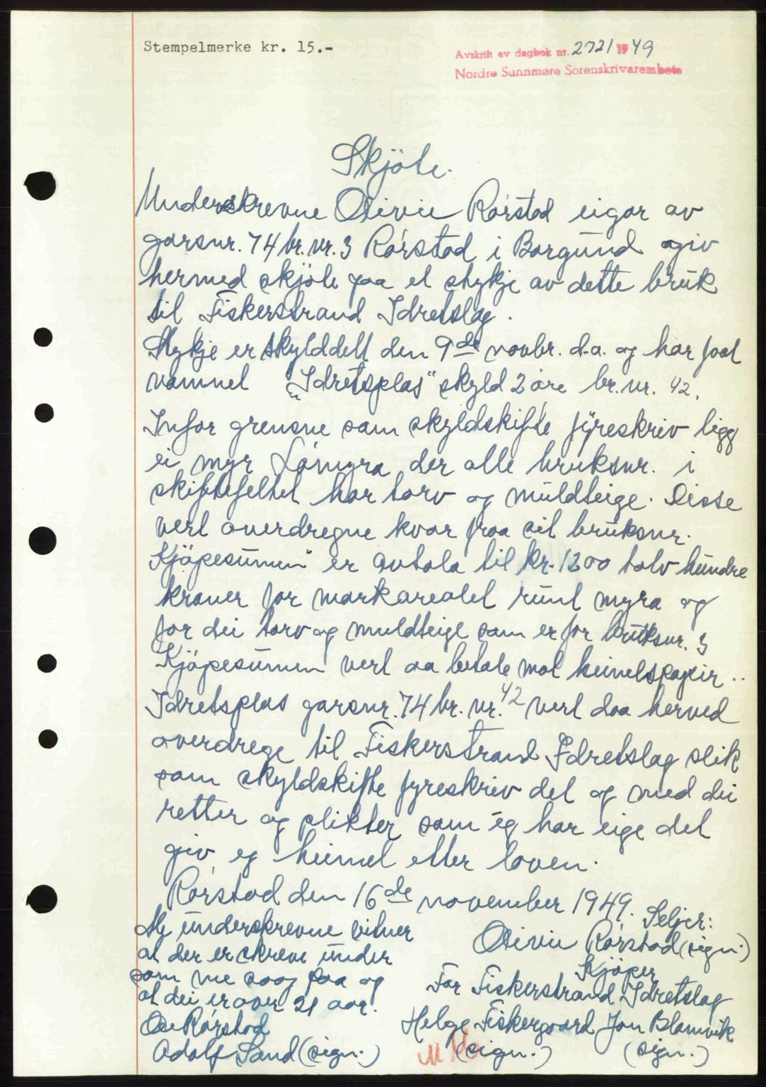 Nordre Sunnmøre sorenskriveri, AV/SAT-A-0006/1/2/2C/2Ca: Mortgage book no. A33, 1949-1950, Diary no: : 2721/1949