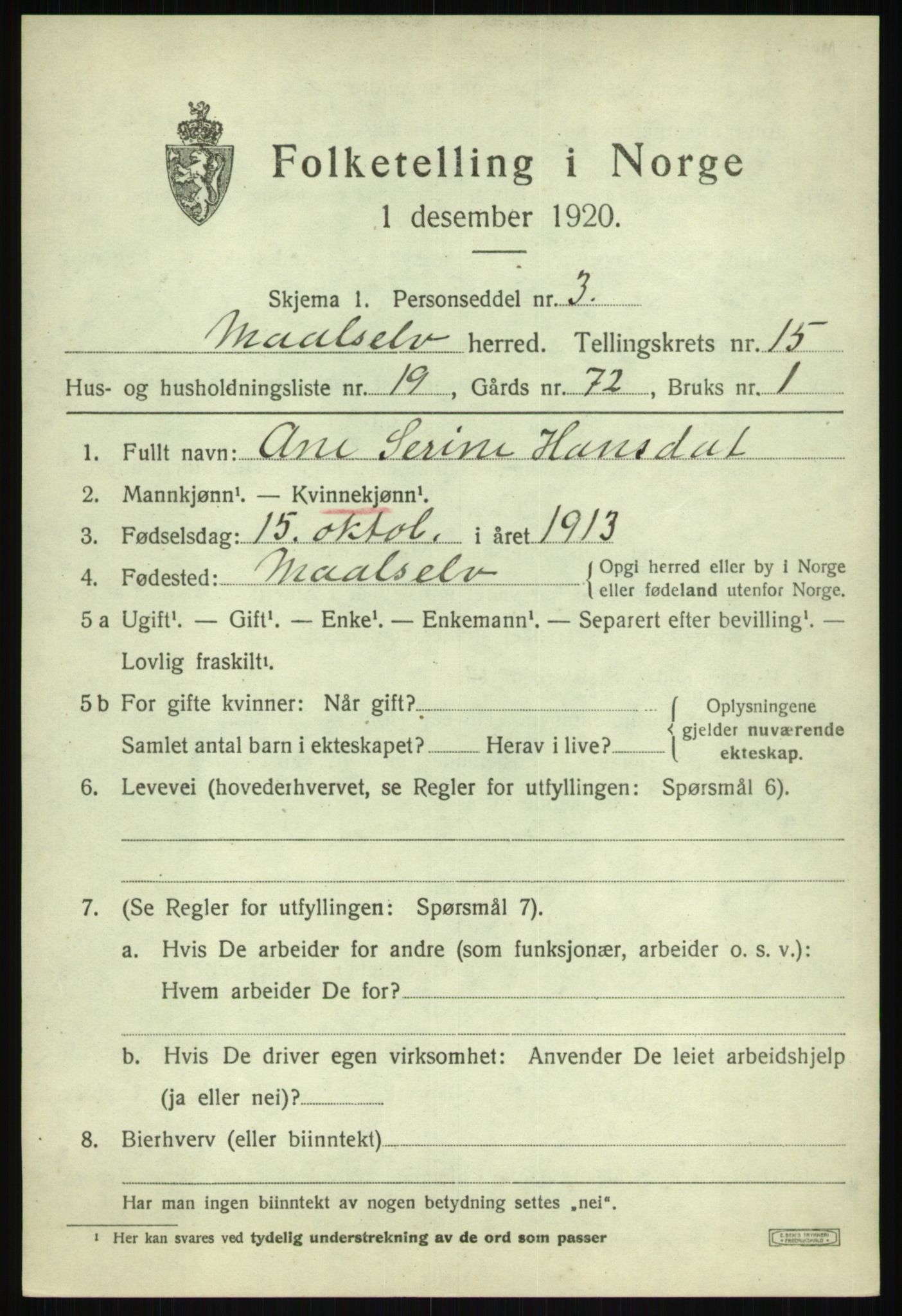 SATØ, 1920 census for Målselv, 1920, p. 7869