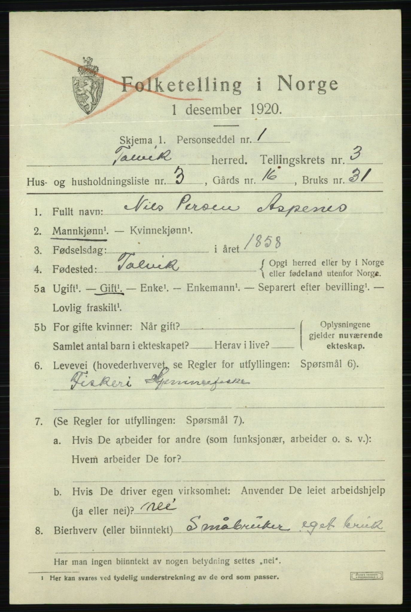 SATØ, 1920 census for Talvik, 1920, p. 2196