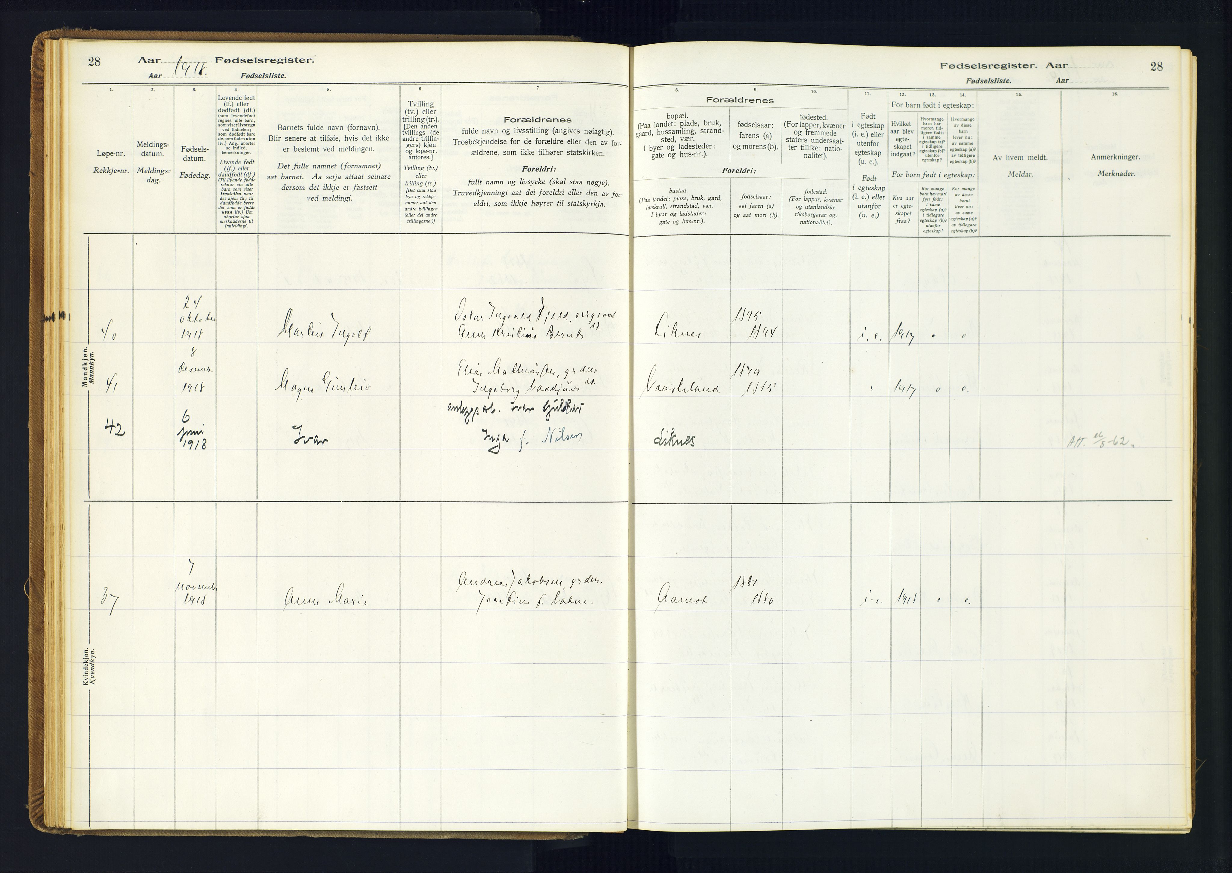 Kvinesdal sokneprestkontor, AV/SAK-1111-0026/J/Ja/L0001: Birth register no. 1, 1916-1941, p. 28