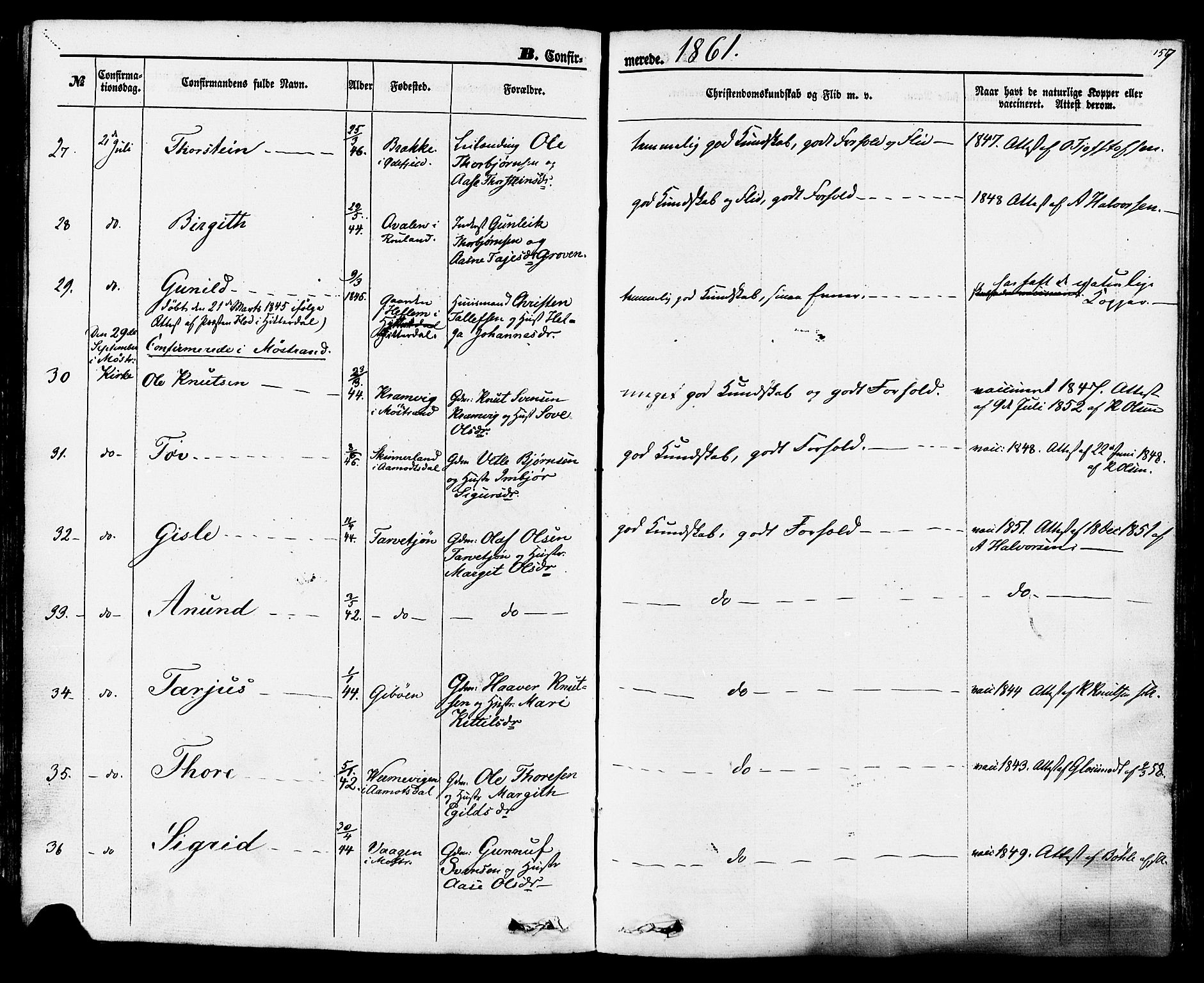 Rauland kirkebøker, AV/SAKO-A-292/F/Fa/L0003: Parish register (official) no. I 3, 1859-1886, p. 157