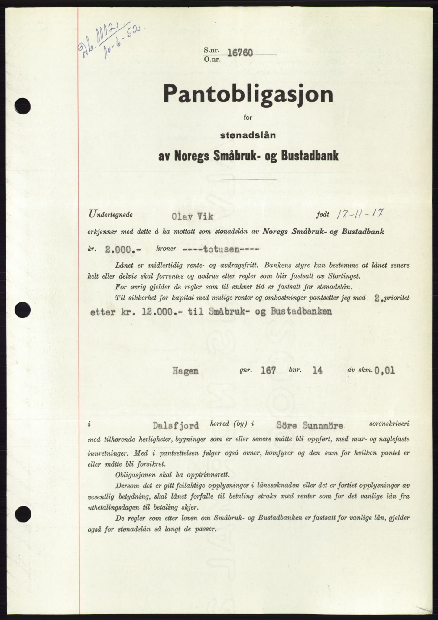 Søre Sunnmøre sorenskriveri, AV/SAT-A-4122/1/2/2C/L0121: Mortgage book no. 9B, 1951-1952, Diary no: : 1112/1952