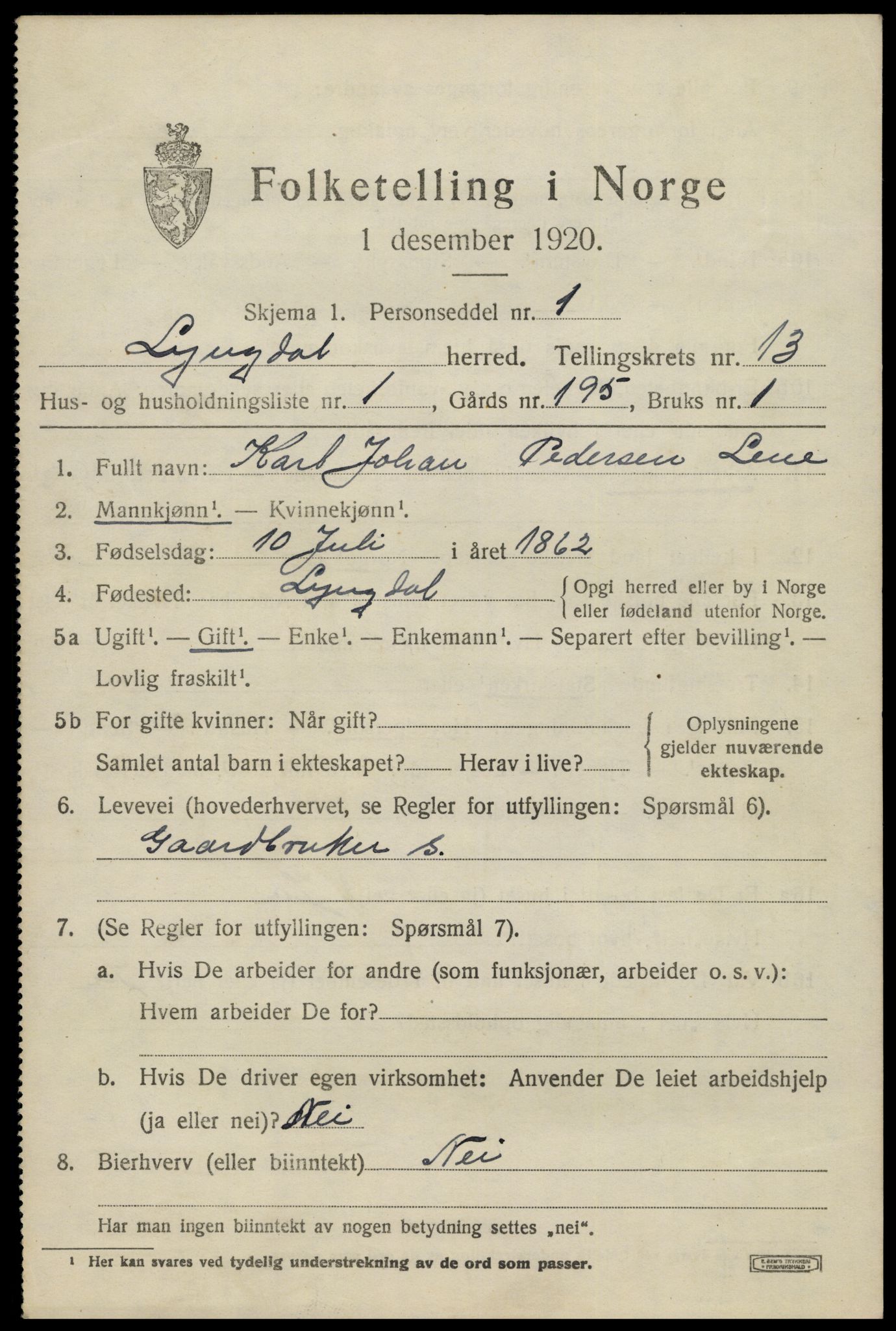 SAK, 1920 census for Lyngdal, 1920, p. 5827