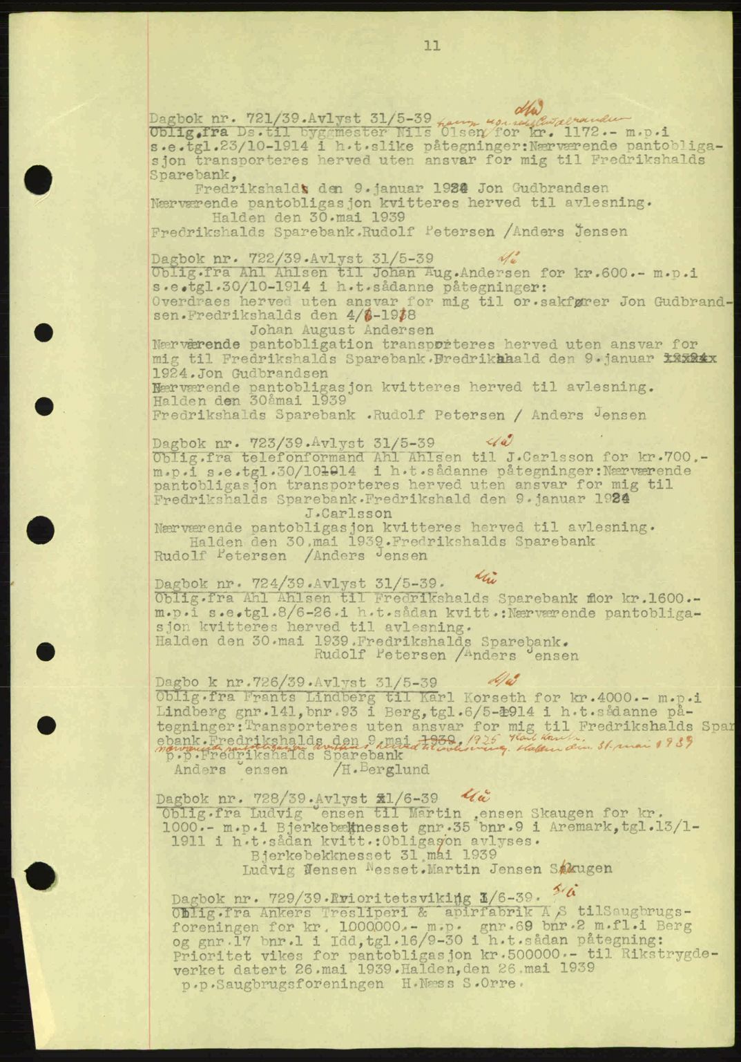 Idd og Marker sorenskriveri, AV/SAO-A-10283/G/Gb/Gbc/L0002: Mortgage book no. B4-9a, 1939-1945, Diary no: : 721/1939