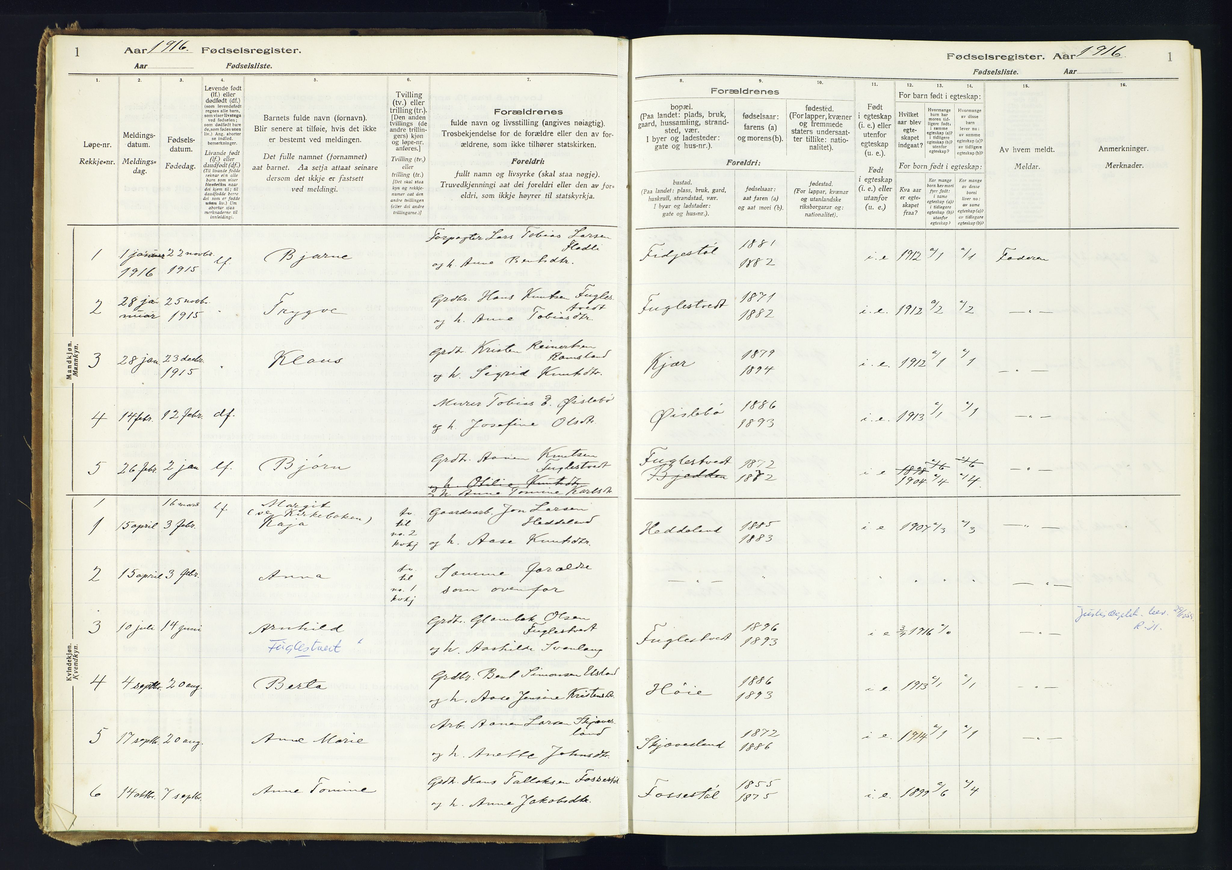 Holum sokneprestkontor, AV/SAK-1111-0022/J/Ja/L0002: Birth register no. II.6.11, 1916-1982, p. 1