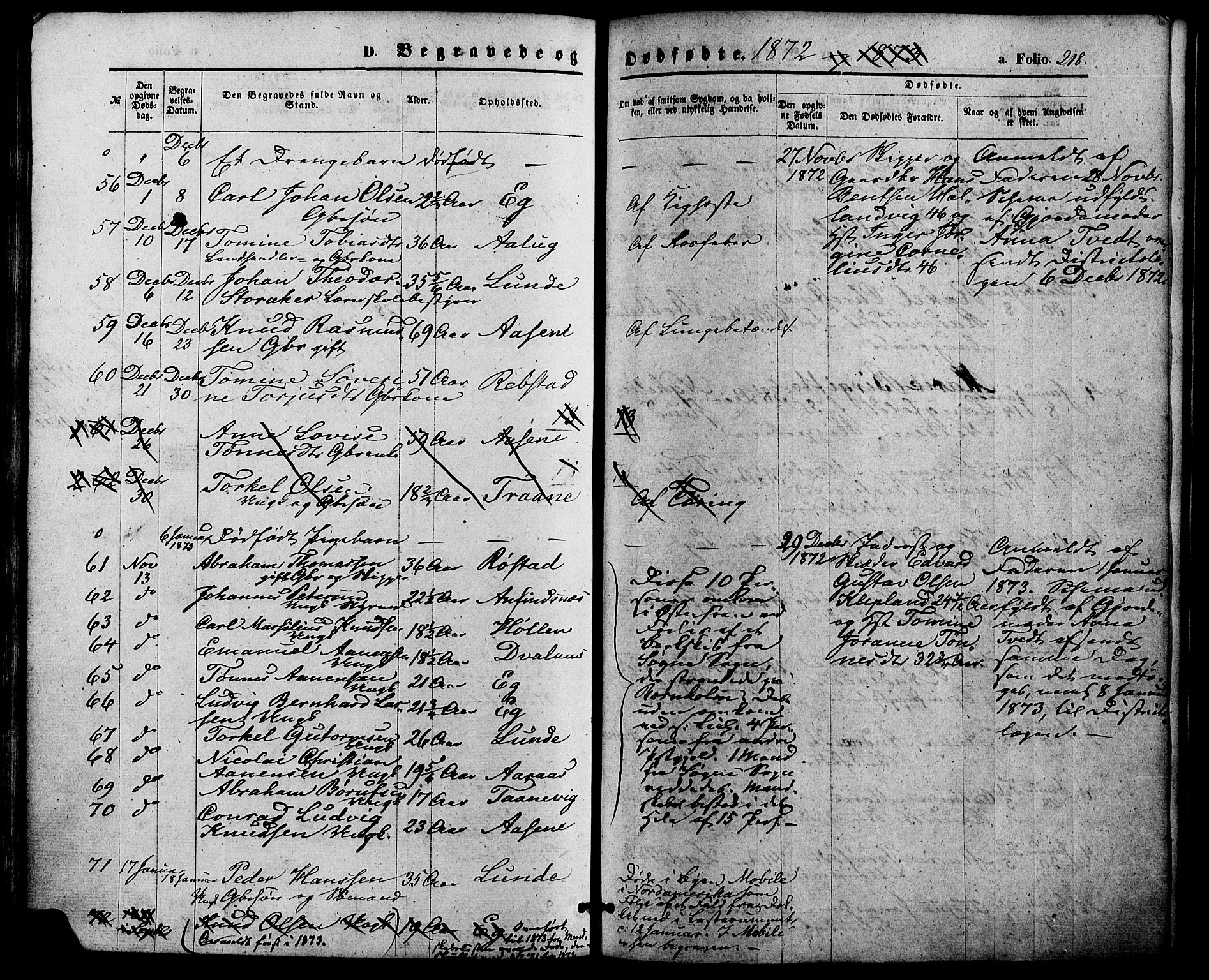 Søgne sokneprestkontor, AV/SAK-1111-0037/F/Fa/Fab/L0011: Parish register (official) no. A 11, 1869-1879, p. 218