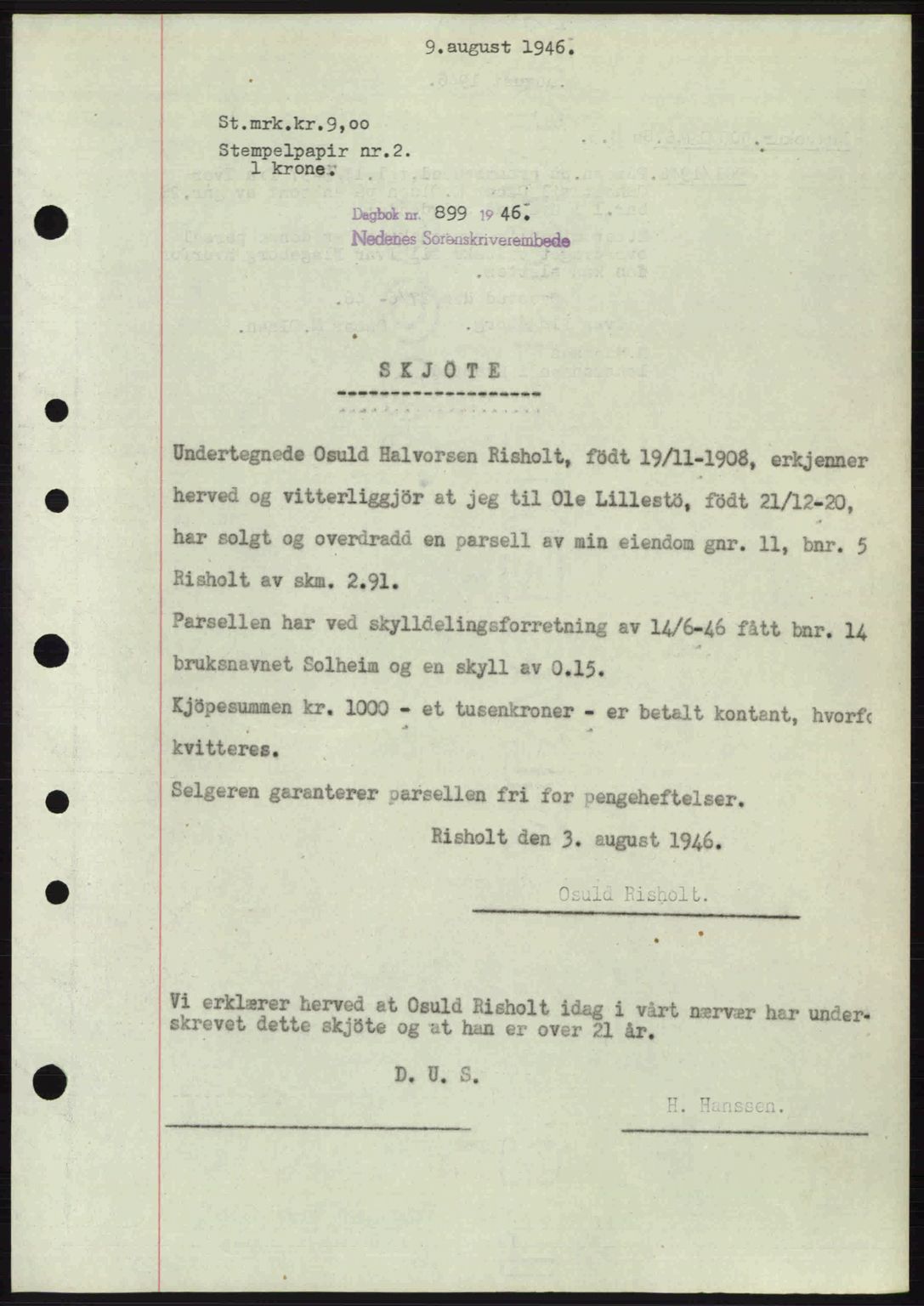 Nedenes sorenskriveri, SAK/1221-0006/G/Gb/Gba/L0055: Mortgage book no. A7, 1946-1946, Diary no: : 899/1946