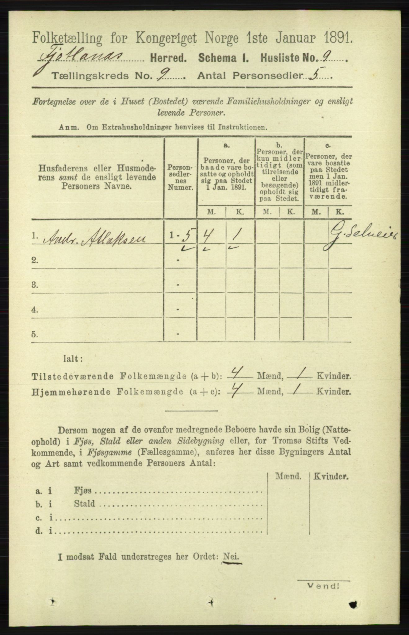 RA, 1891 census for 1036 Fjotland, 1891, p. 1290