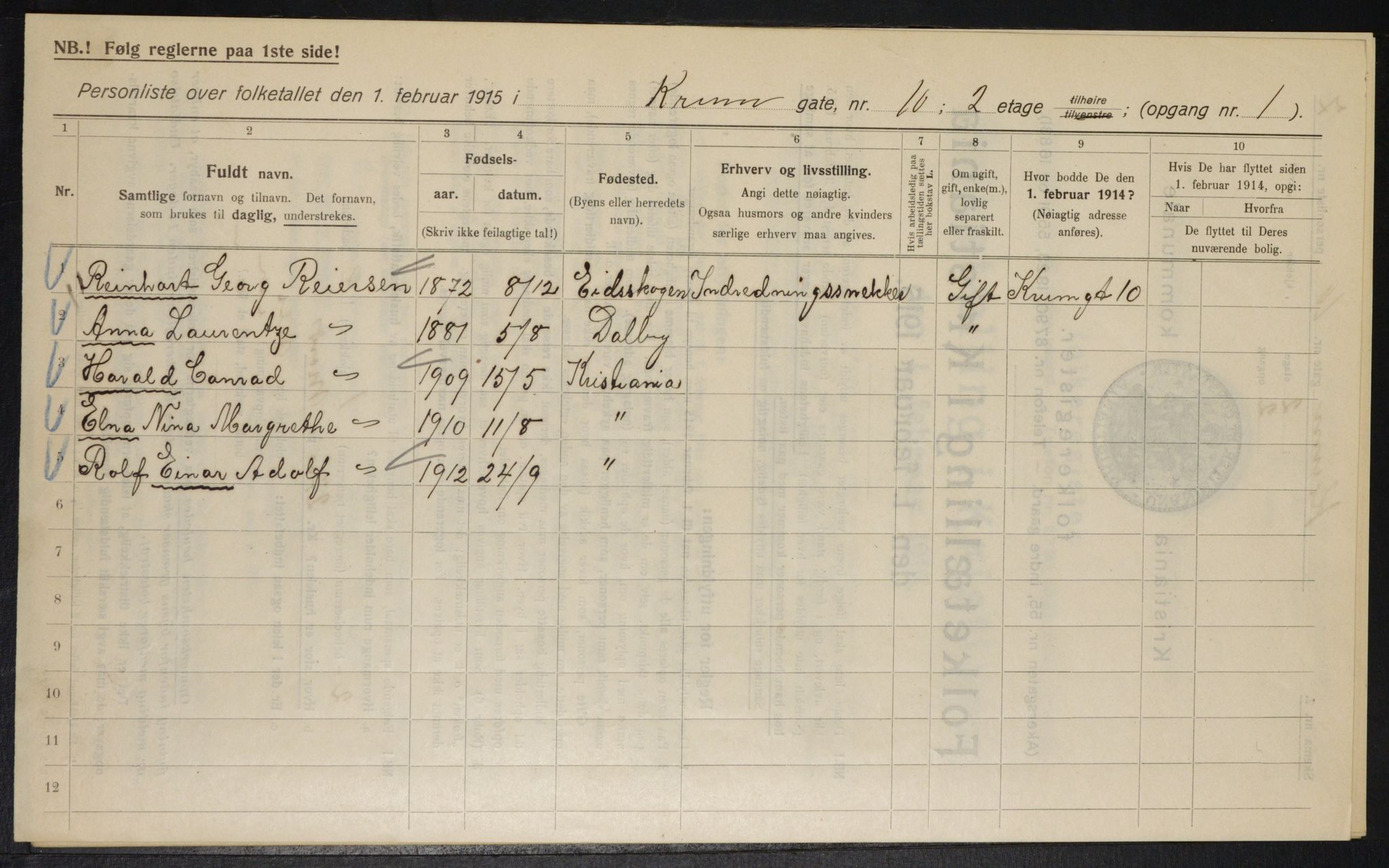 OBA, Municipal Census 1915 for Kristiania, 1915, p. 54411