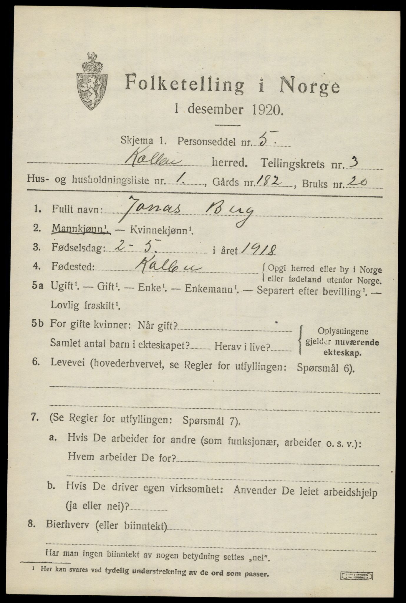 SAH, 1920 census for Kolbu, 1920, p. 2454