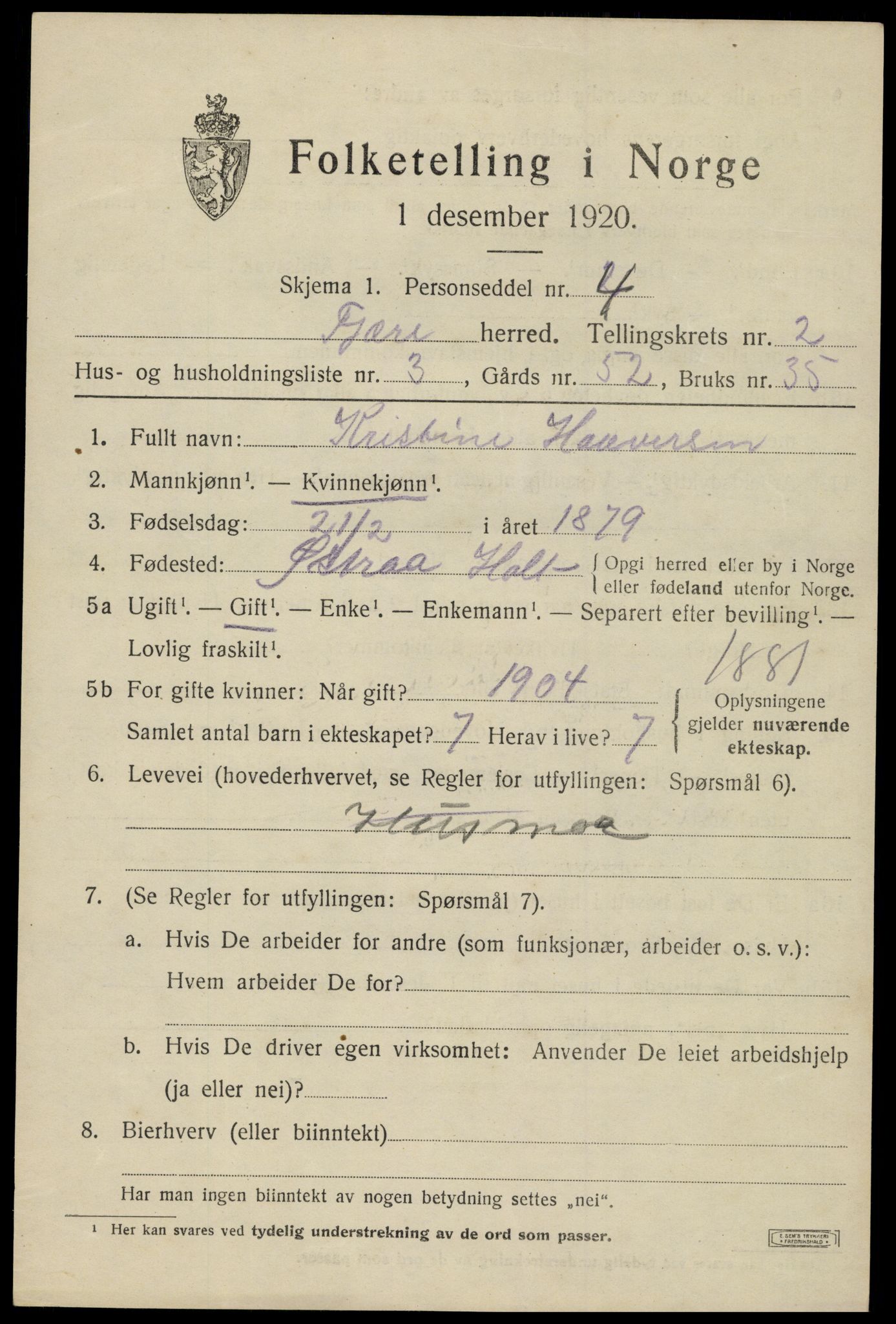 SAK, 1920 census for Fjære, 1920, p. 3269