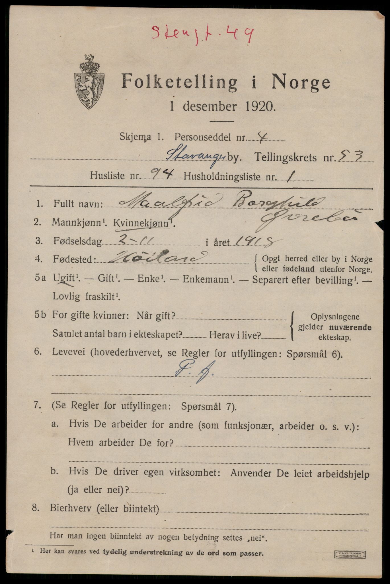 SAST, 1920 census for Stavanger, 1920, p. 108496