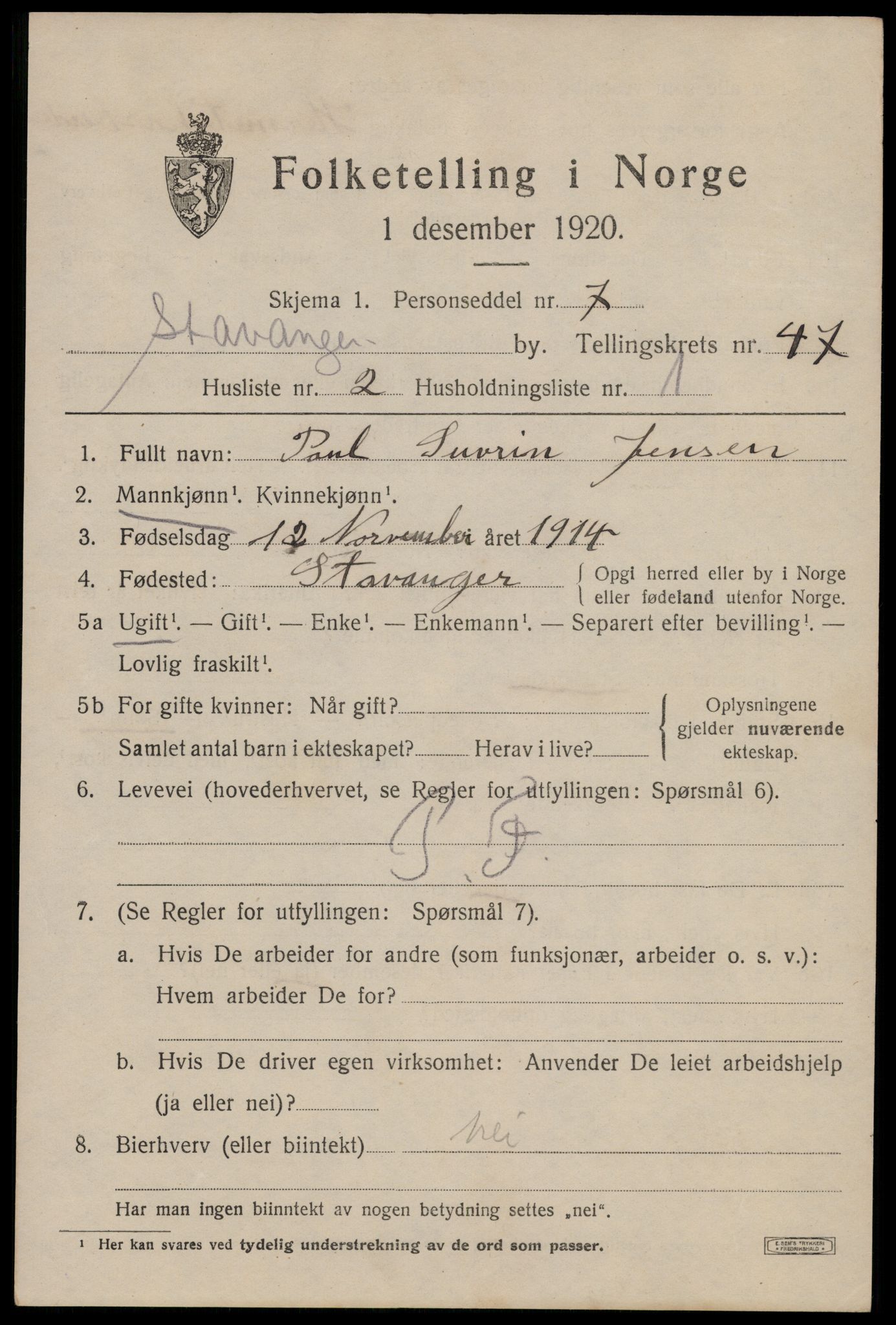 SAST, 1920 census for Stavanger, 1920, p. 113990