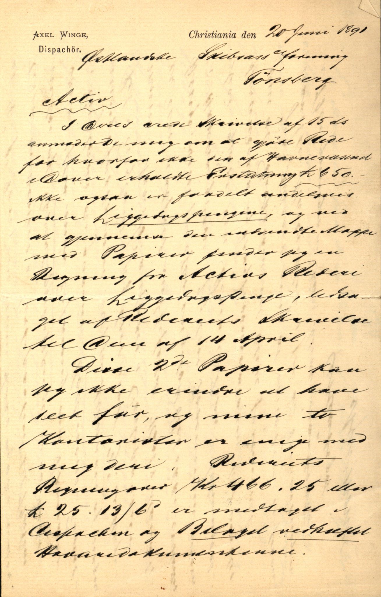 Pa 63 - Østlandske skibsassuranceforening, VEMU/A-1079/G/Ga/L0027/0001: Havaridokumenter / Magnolia, Kong Carl, Louise, Lindsay, Activ av Flekkefjord, 1891, p. 62