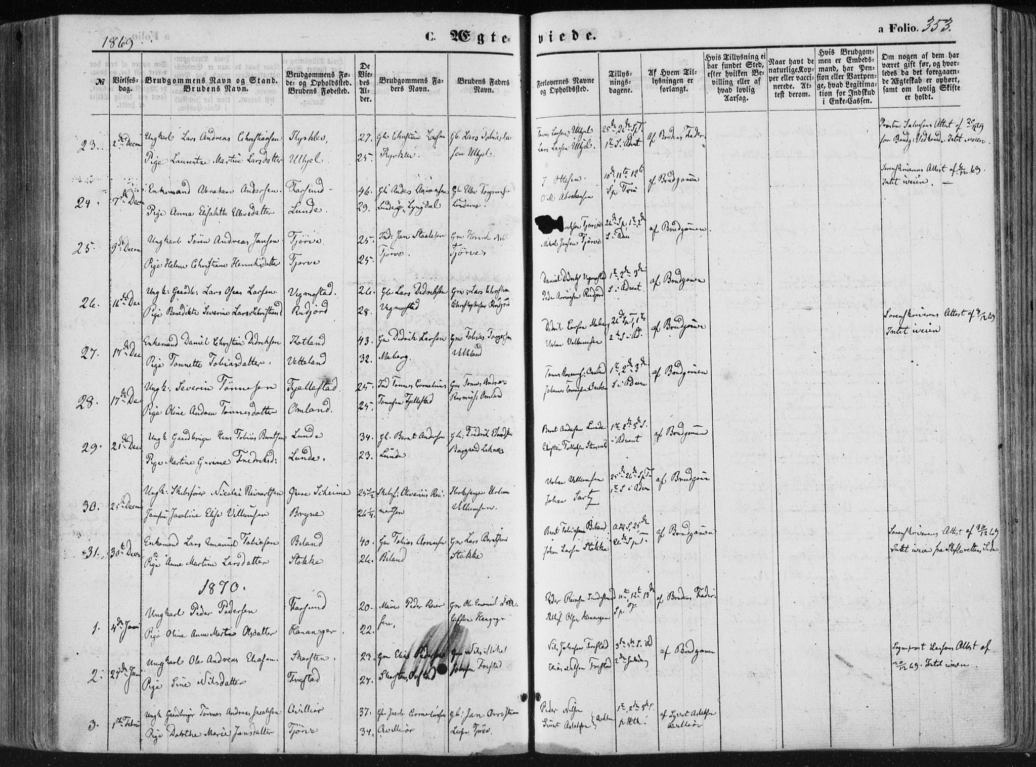 Lista sokneprestkontor, AV/SAK-1111-0027/F/Fa/L0011: Parish register (official) no. A 11, 1861-1878, p. 353