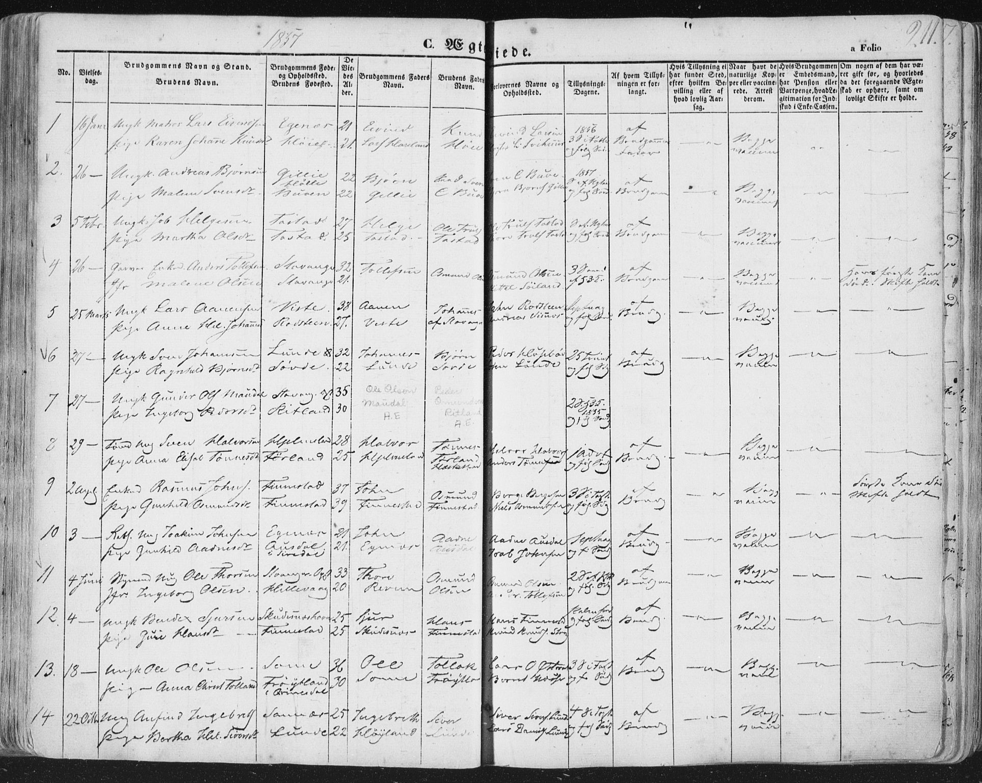 Hetland sokneprestkontor, AV/SAST-A-101826/30/30BA/L0002: Parish register (official) no. A 2, 1849-1869, p. 211