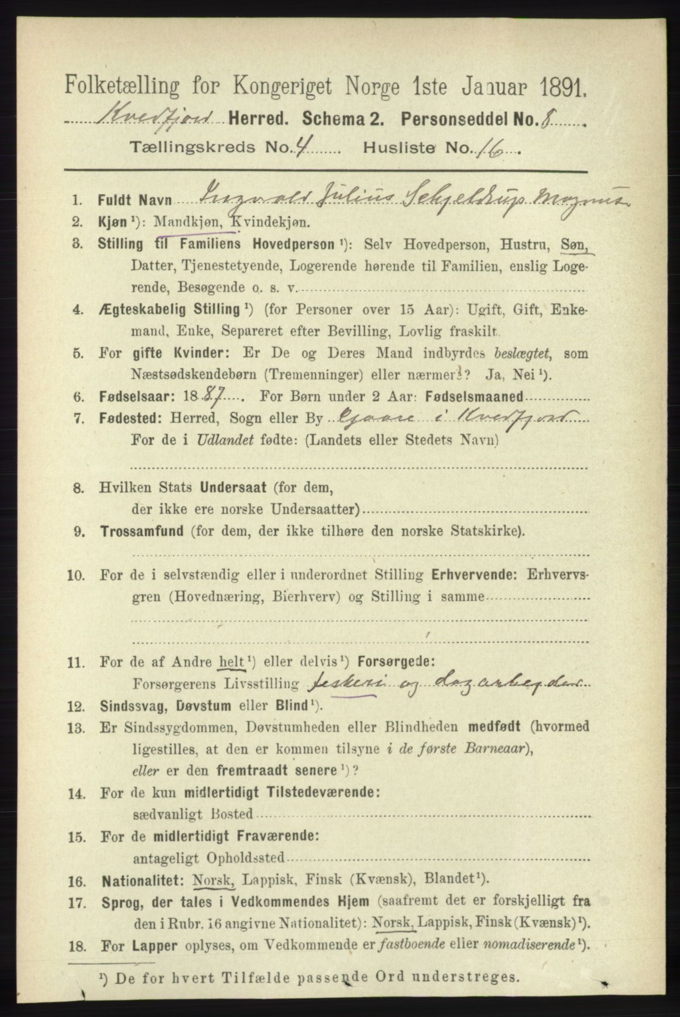 RA, 1891 census for 1911 Kvæfjord, 1891, p. 1991