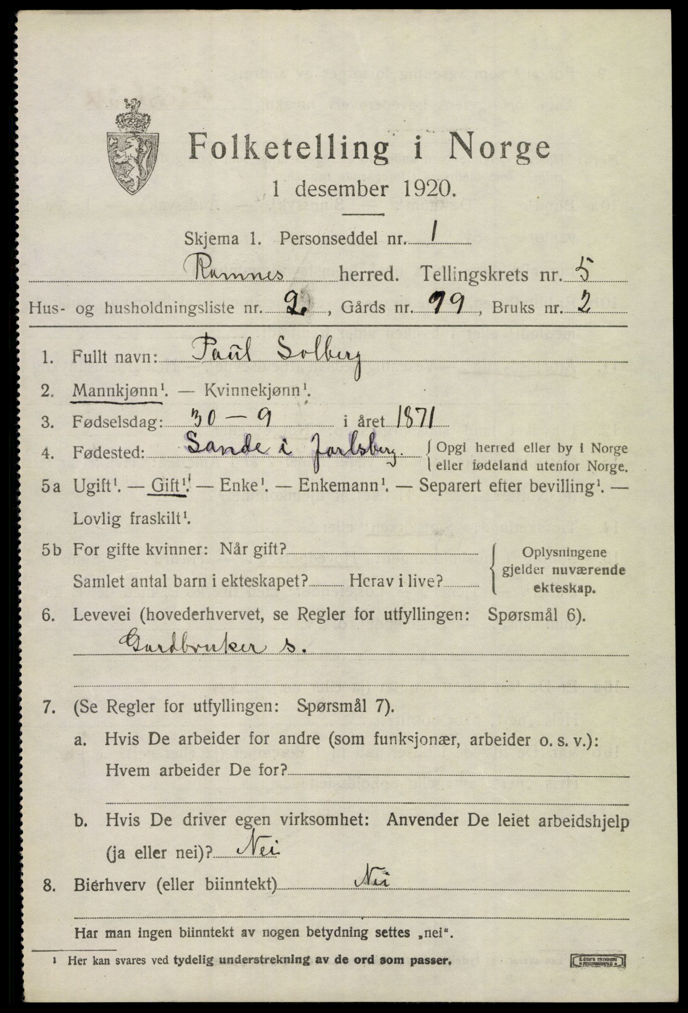 SAKO, 1920 census for Ramnes, 1920, p. 4982