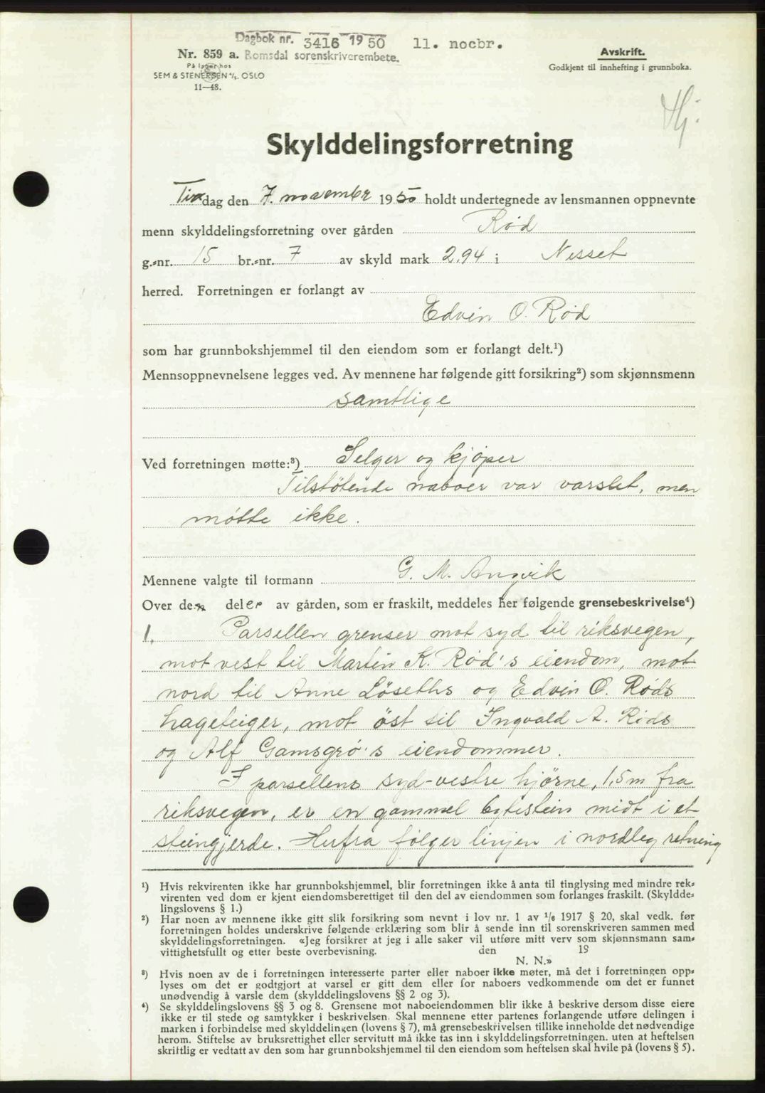 Romsdal sorenskriveri, AV/SAT-A-4149/1/2/2C: Mortgage book no. A34, 1950-1950, Diary no: : 3416/1950