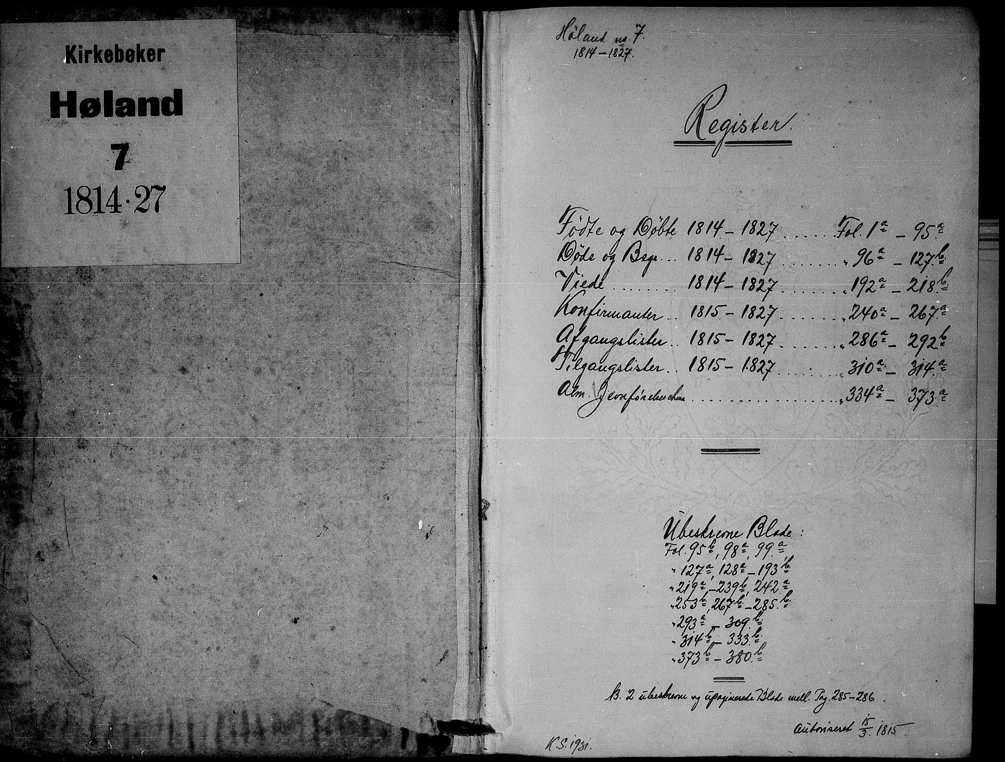 Høland prestekontor Kirkebøker, SAO/A-10346a/G/Ga/L0001: Parish register (copy) no. I 1, 1814-1827