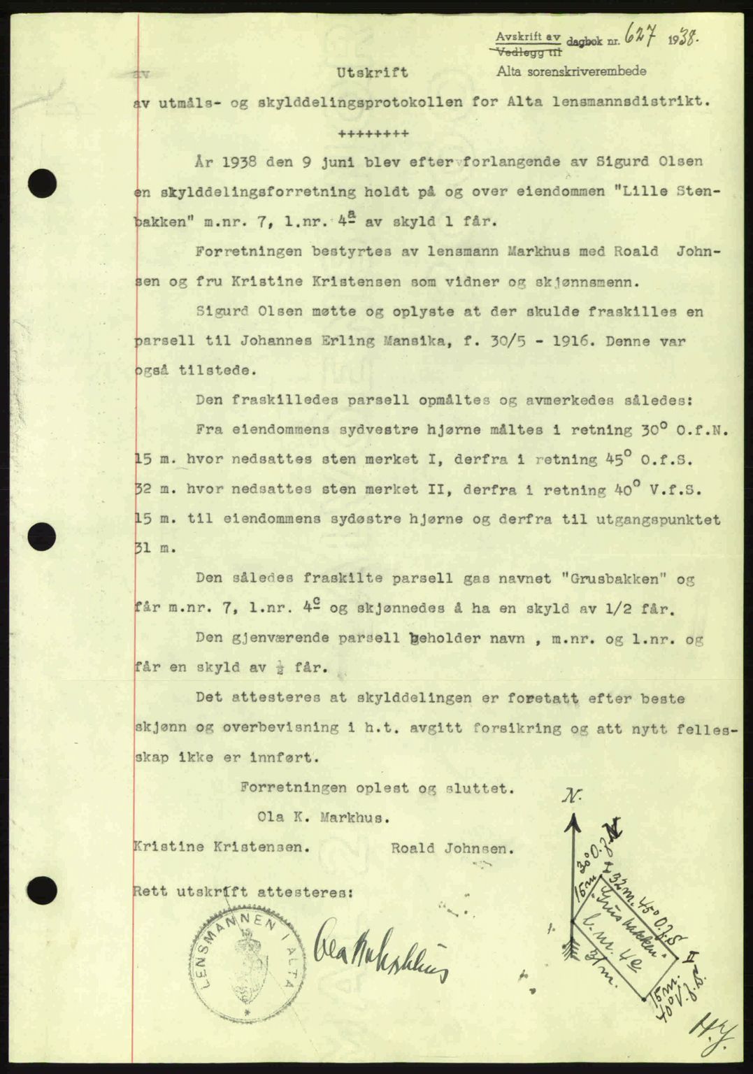 Alta fogderi/sorenskriveri, SATØ/SATØ-5/1/K/Kd/L0031pantebok: Mortgage book no. 31, 1938-1939, Diary no: : 627/1938