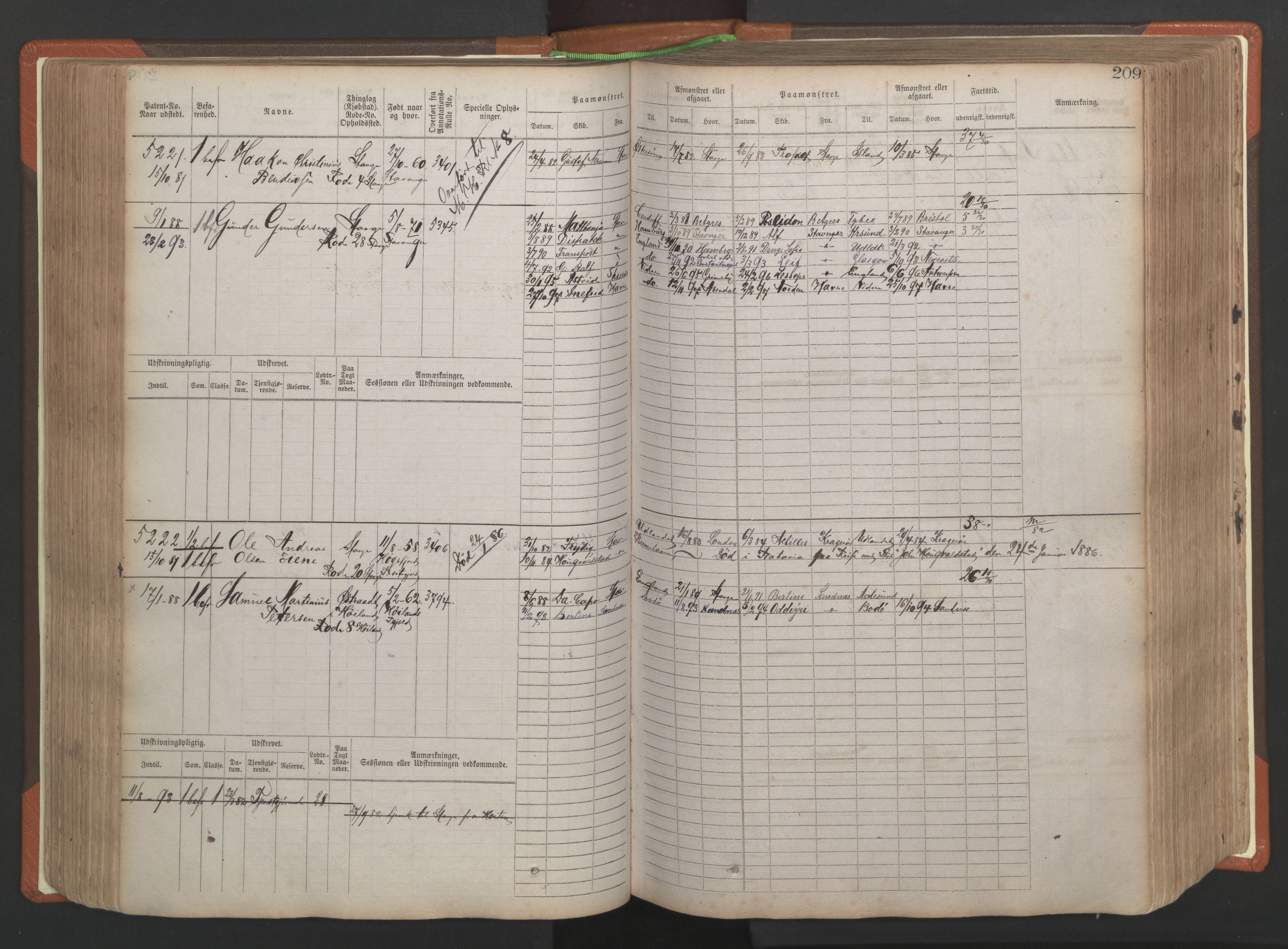 Stavanger sjømannskontor, AV/SAST-A-102006/F/Fb/Fbb/L0009: Sjøfartshovedrulle, patentnr. 4805-6006, 1879-1887, p. 215