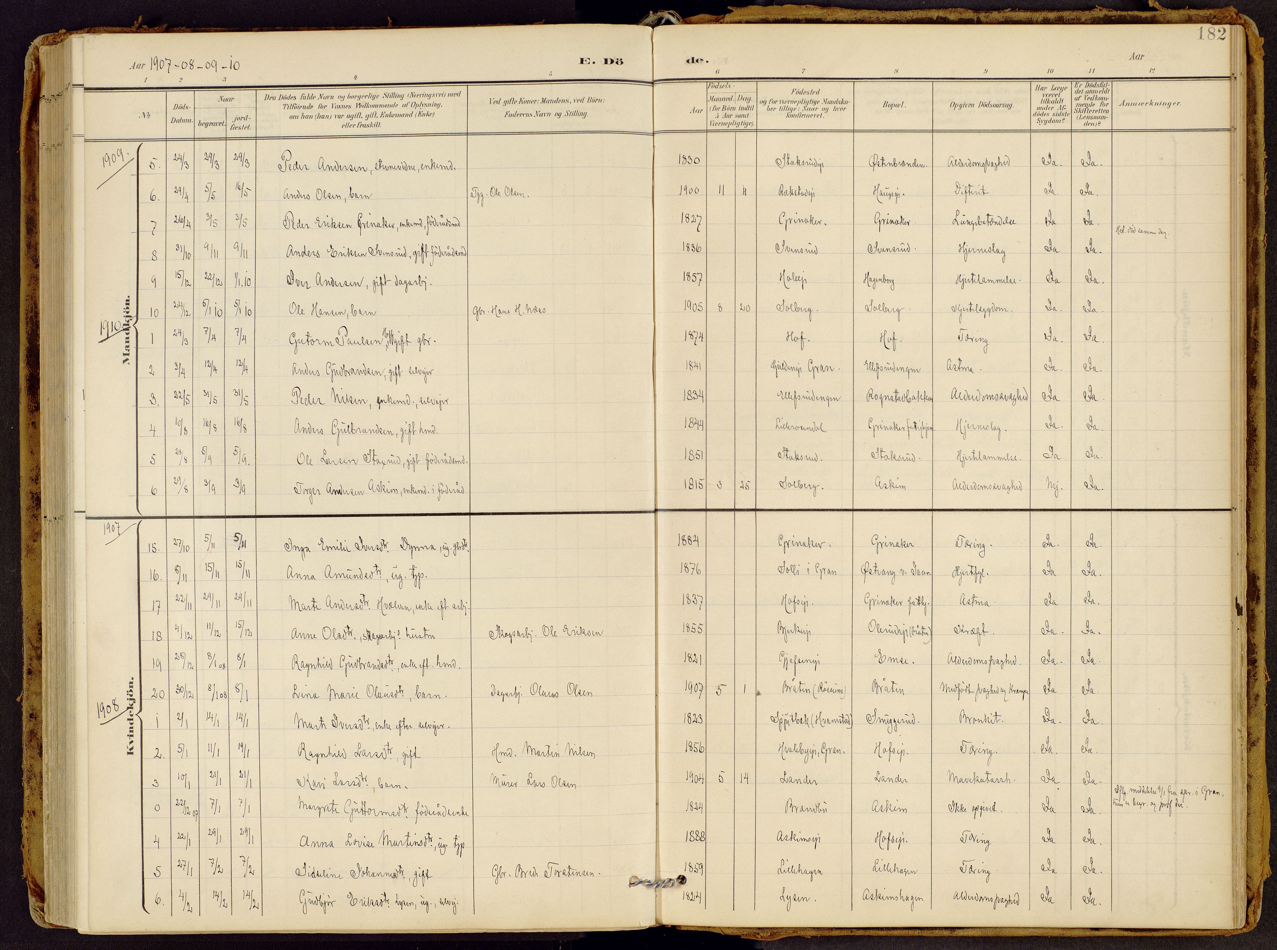 Brandbu prestekontor, AV/SAH-PREST-114/H/Ha/Haa/L0002: Parish register (official) no. 2, 1899-1914, p. 182