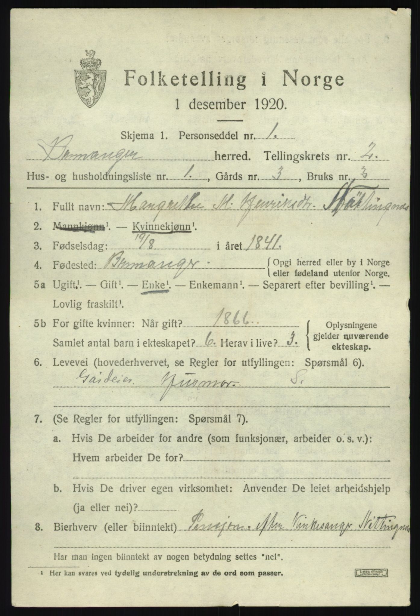 SAB, 1920 census for Bremanger, 1920, p. 1738