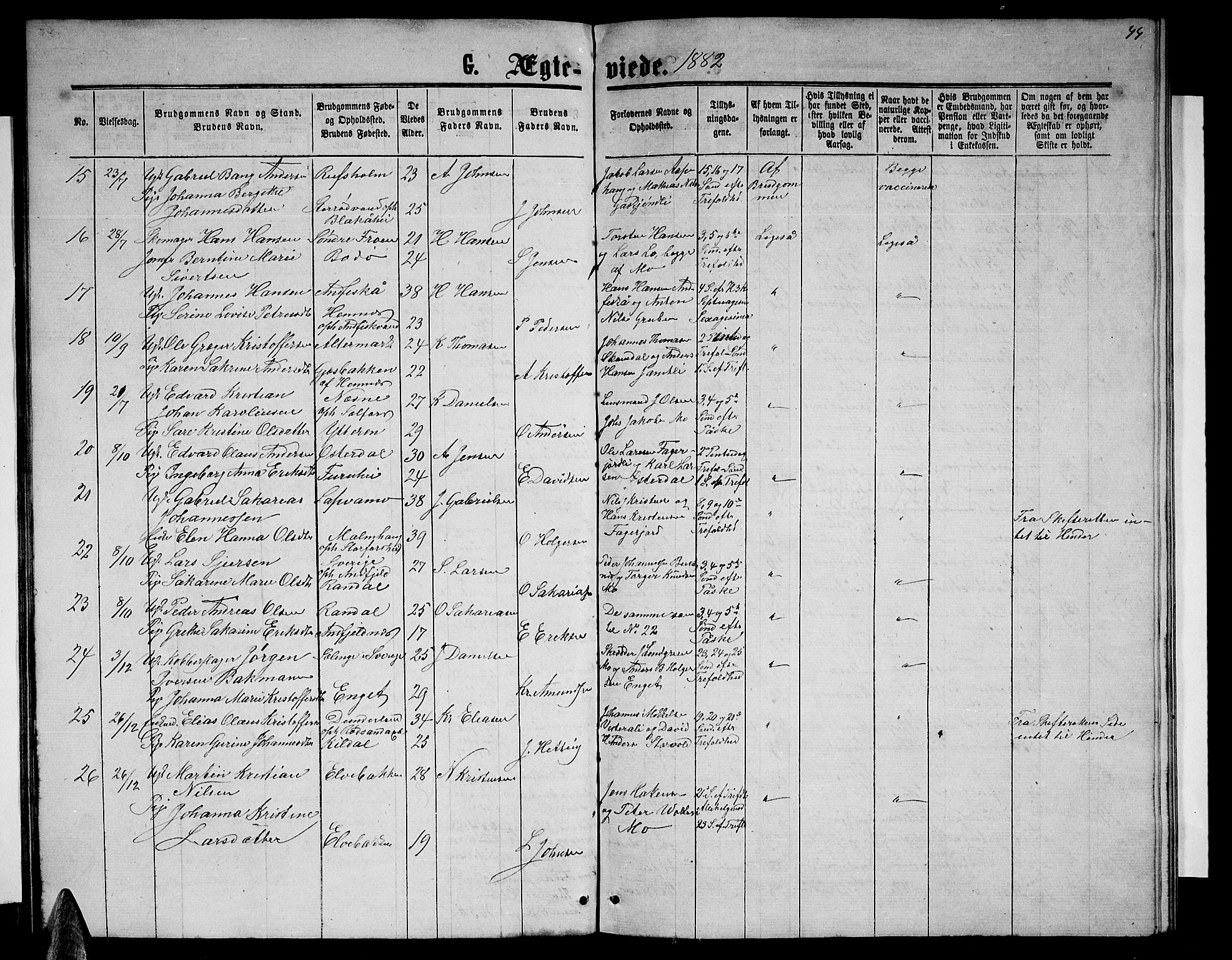 Ministerialprotokoller, klokkerbøker og fødselsregistre - Nordland, AV/SAT-A-1459/827/L0417: Parish register (copy) no. 827C06, 1864-1886, p. 44