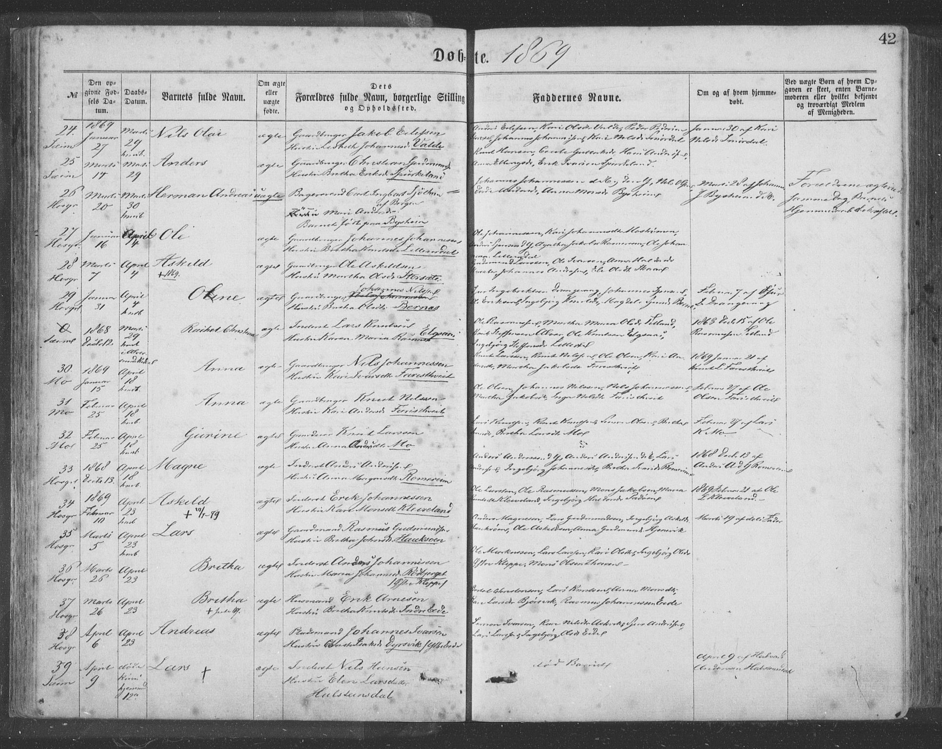 Hosanger sokneprestembete, AV/SAB-A-75801/H/Haa: Parish register (official) no. A 9, 1864-1876, p. 42