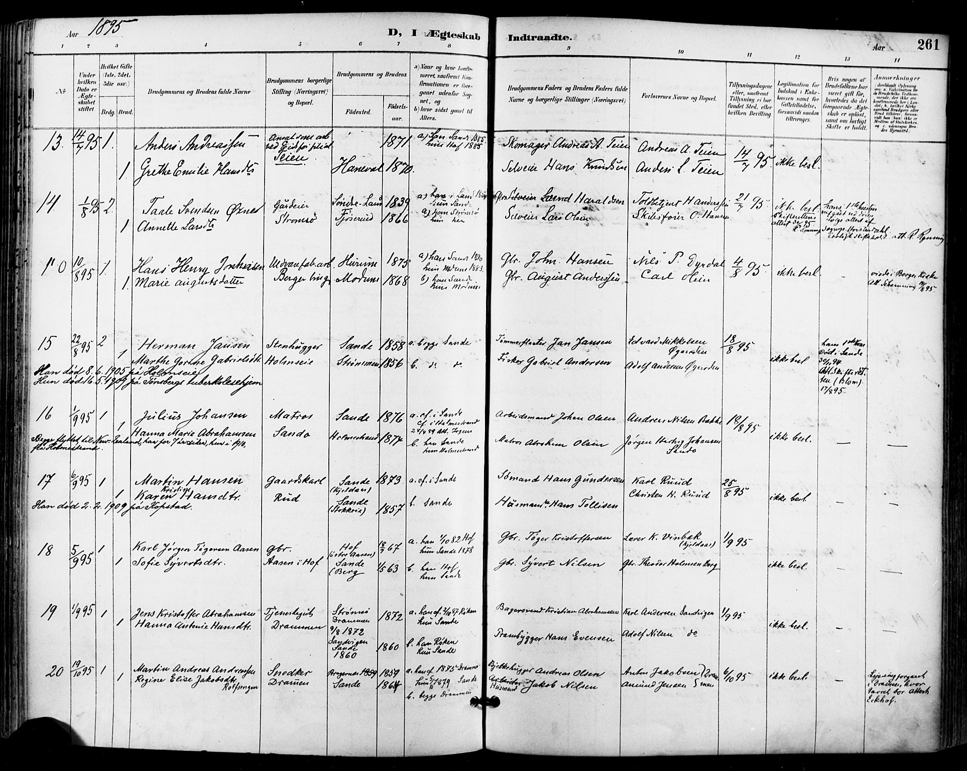 Sande Kirkebøker, AV/SAKO-A-53/F/Fa/L0007: Parish register (official) no. 7, 1888-1903, p. 261