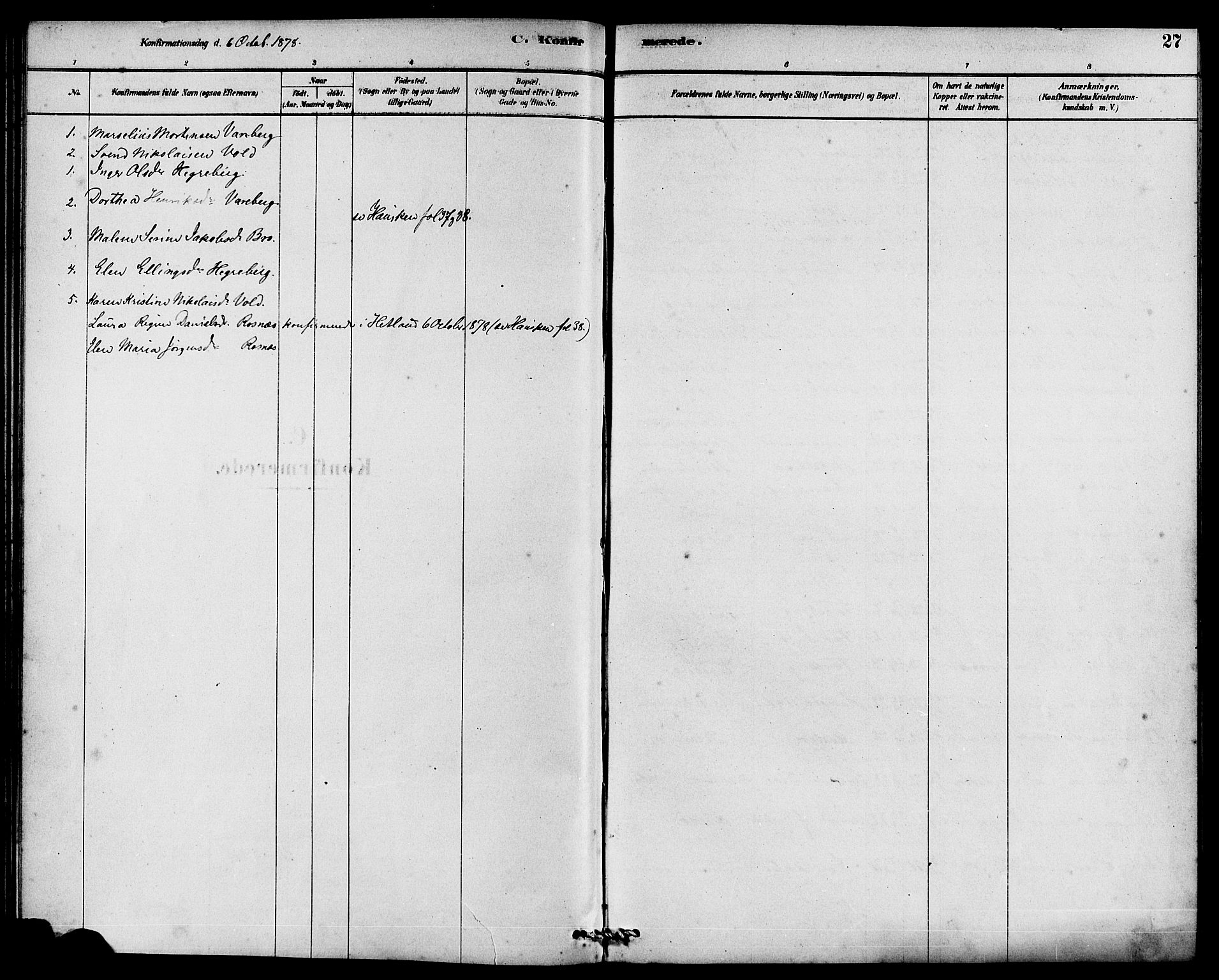 Rennesøy sokneprestkontor, SAST/A -101827/H/Ha/Haa/L0009: Parish register (official) no. A 9, 1878-1890, p. 27