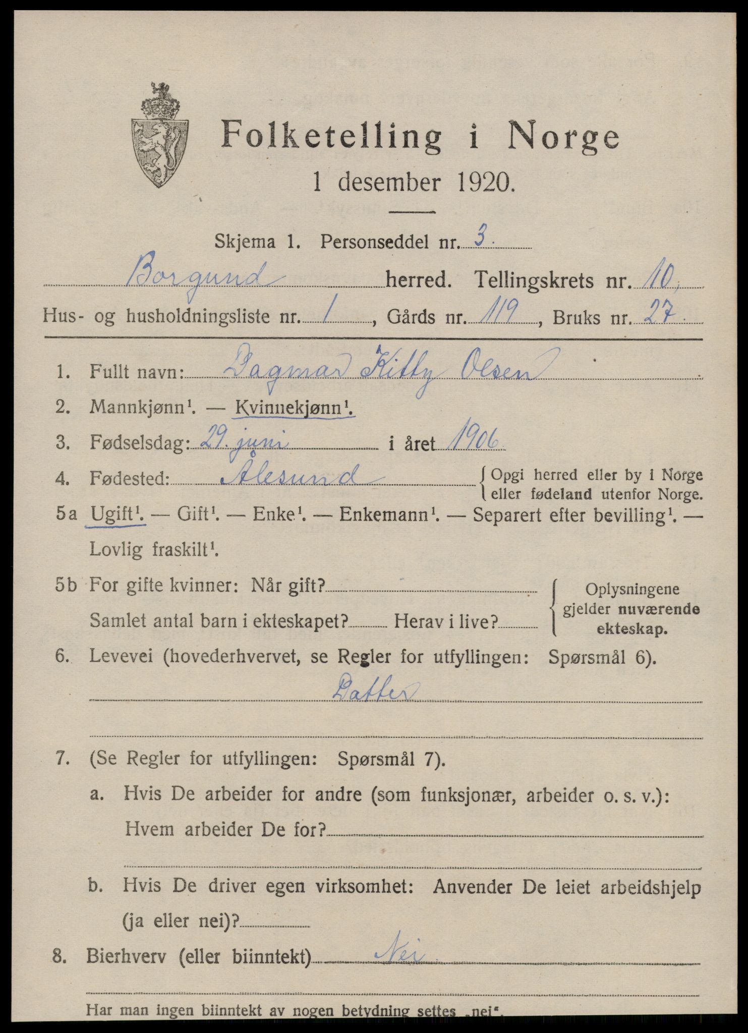 SAT, 1920 census for Borgund, 1920, p. 9116