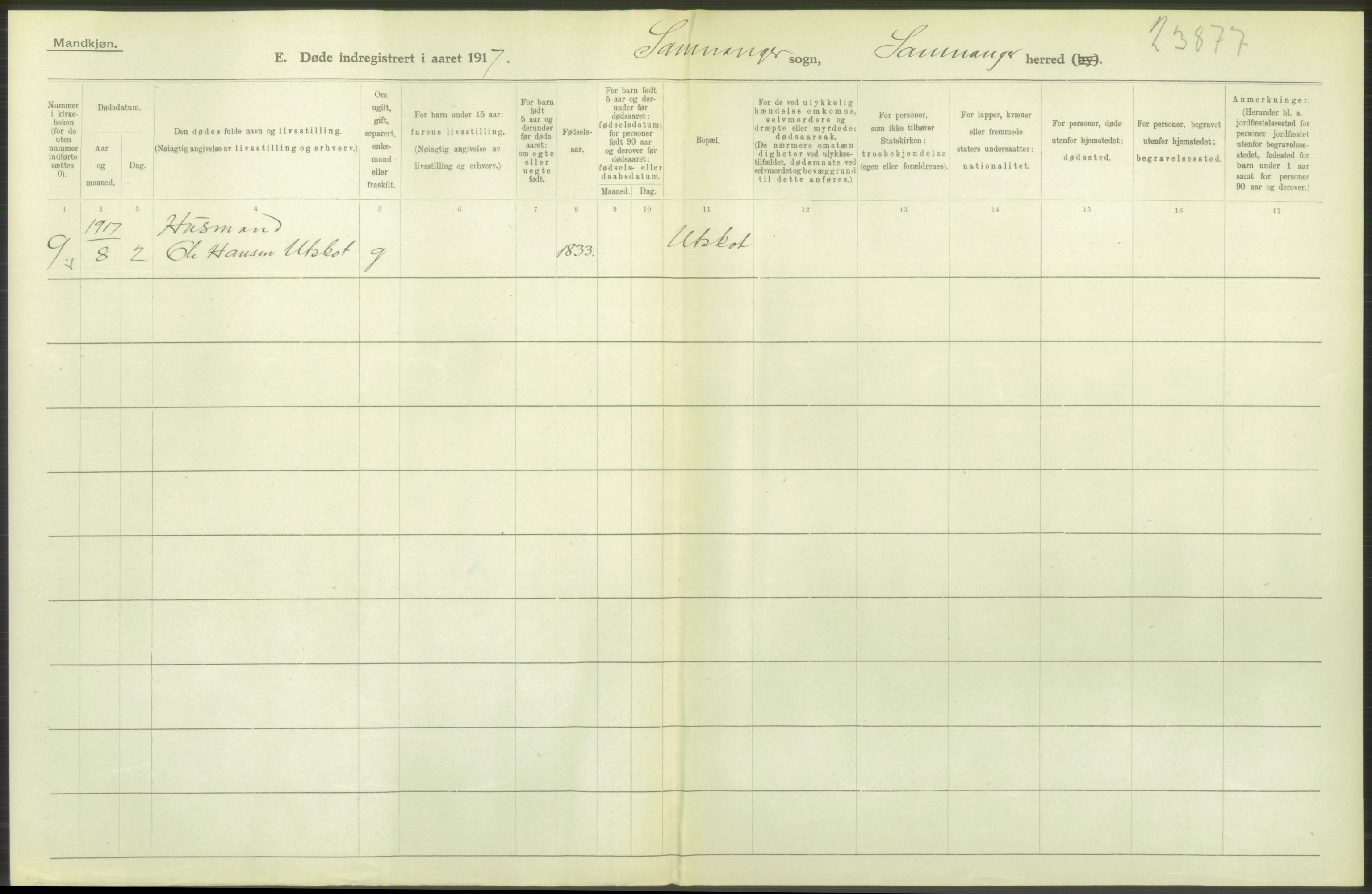 Statistisk sentralbyrå, Sosiodemografiske emner, Befolkning, RA/S-2228/D/Df/Dfb/Dfbg/L0036: S. Bergenhus amt: Døde, dødfødte. Bygder., 1917, p. 498