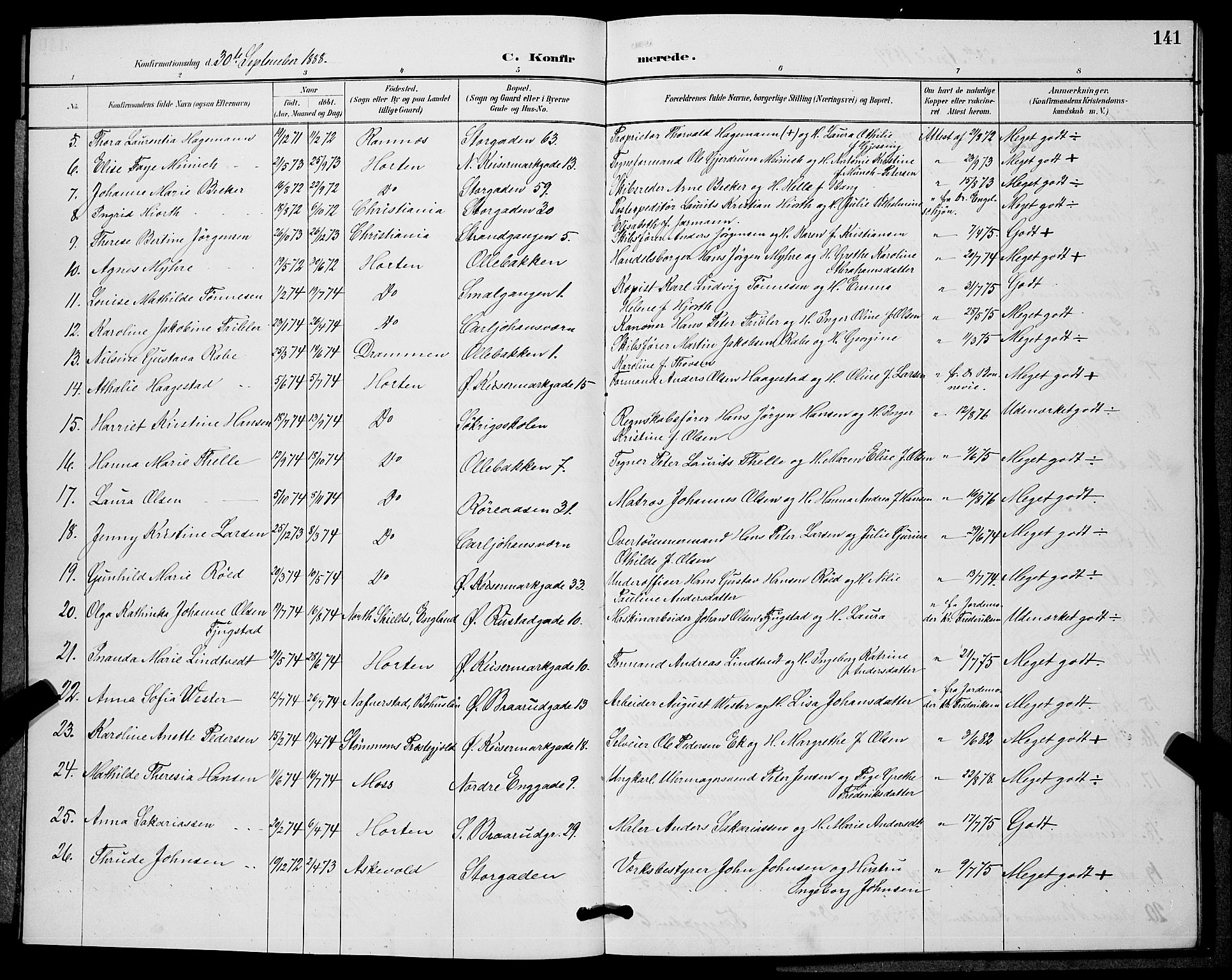 Horten kirkebøker, AV/SAKO-A-348/G/Ga/L0005: Parish register (copy) no. 5, 1888-1895, p. 141