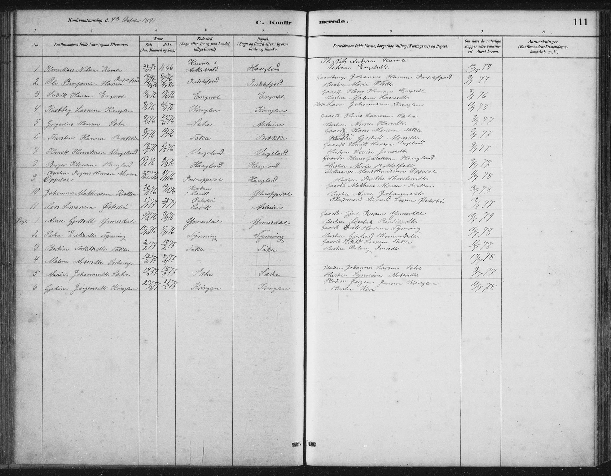 Gulen sokneprestembete, SAB/A-80201/H/Hab/Habc/L0002: Parish register (copy) no. C 2, 1880-1938, p. 111
