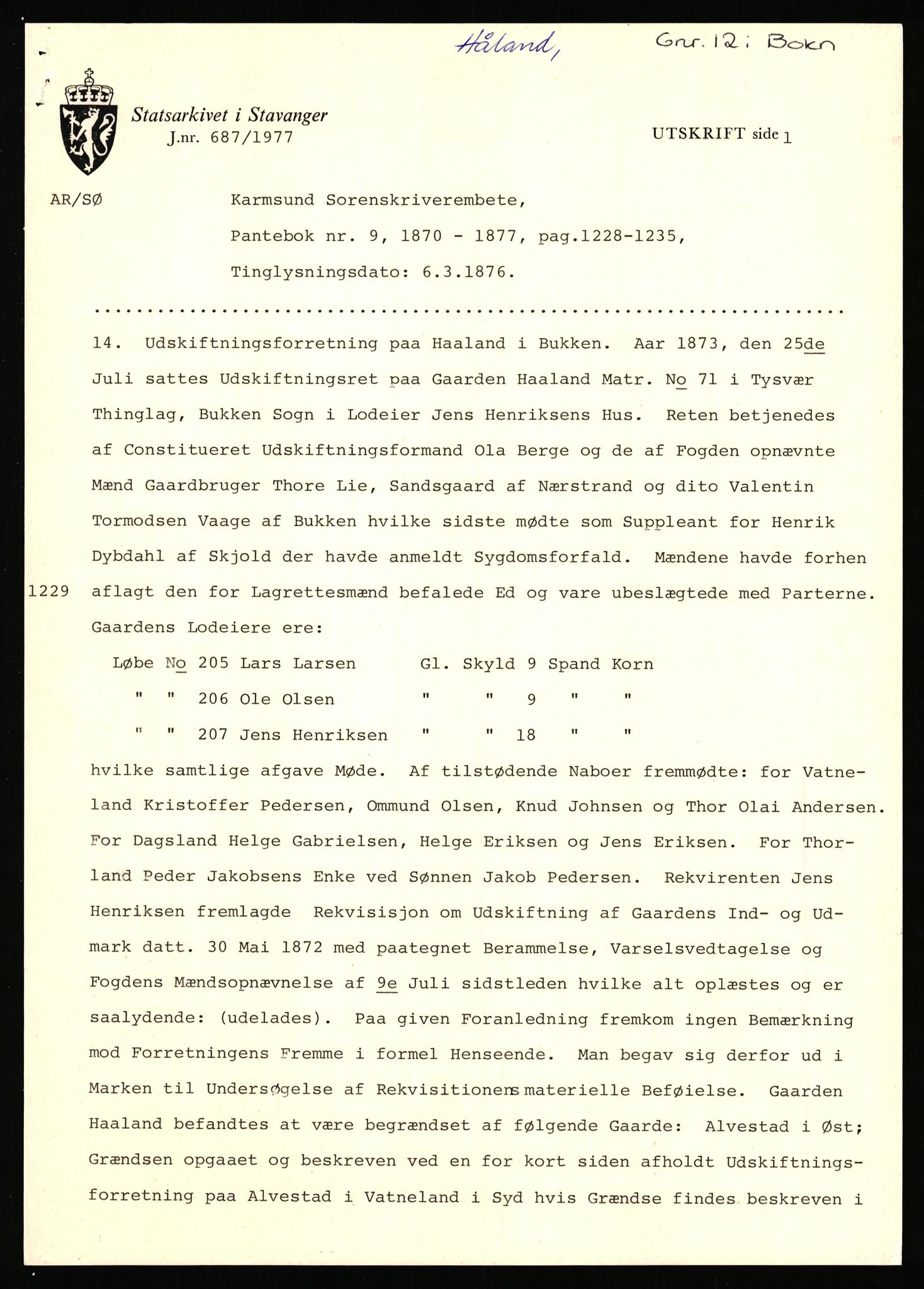 Statsarkivet i Stavanger, AV/SAST-A-101971/03/Y/Yj/L0042: Avskrifter sortert etter gårdsnavn: Høle - Håland vestre, 1750-1930, p. 371