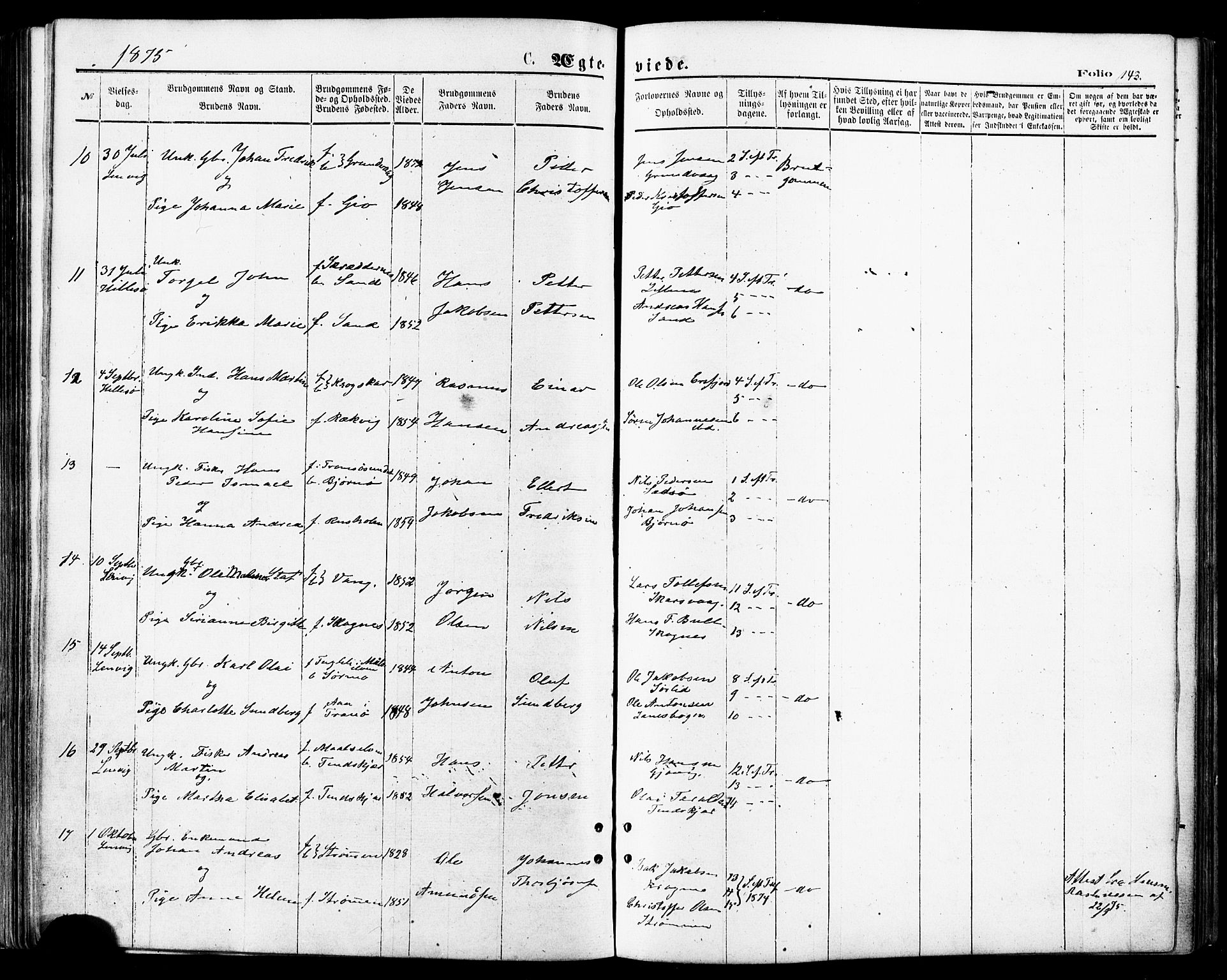 Lenvik sokneprestembete, SATØ/S-1310/H/Ha/Haa/L0010kirke: Parish register (official) no. 10, 1873-1880, p. 143