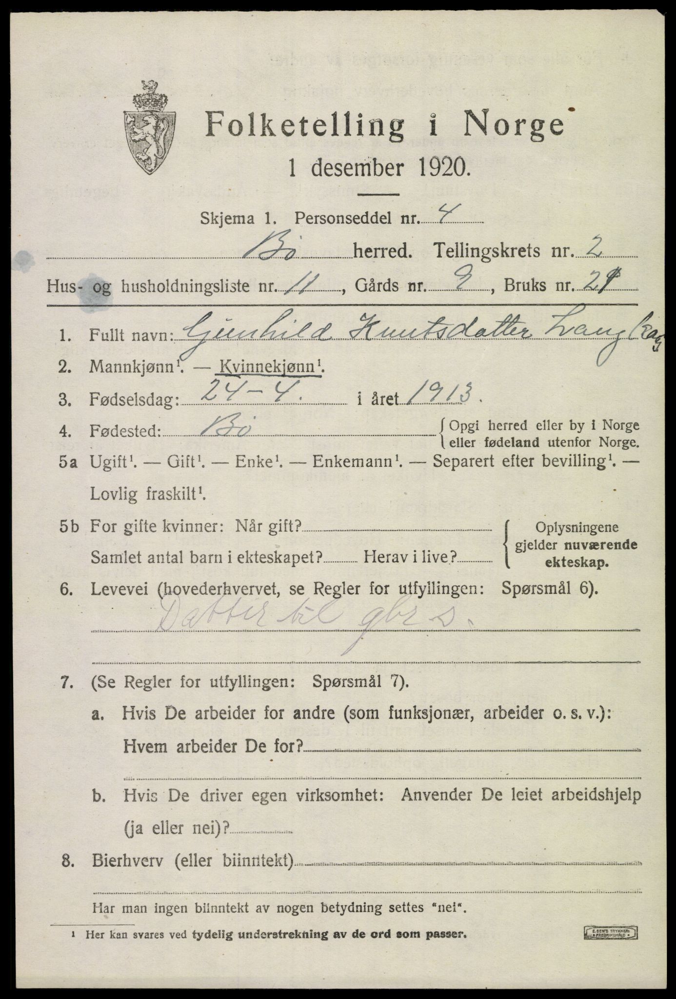 SAKO, 1920 census for Bø (Telemark), 1920, p. 1848