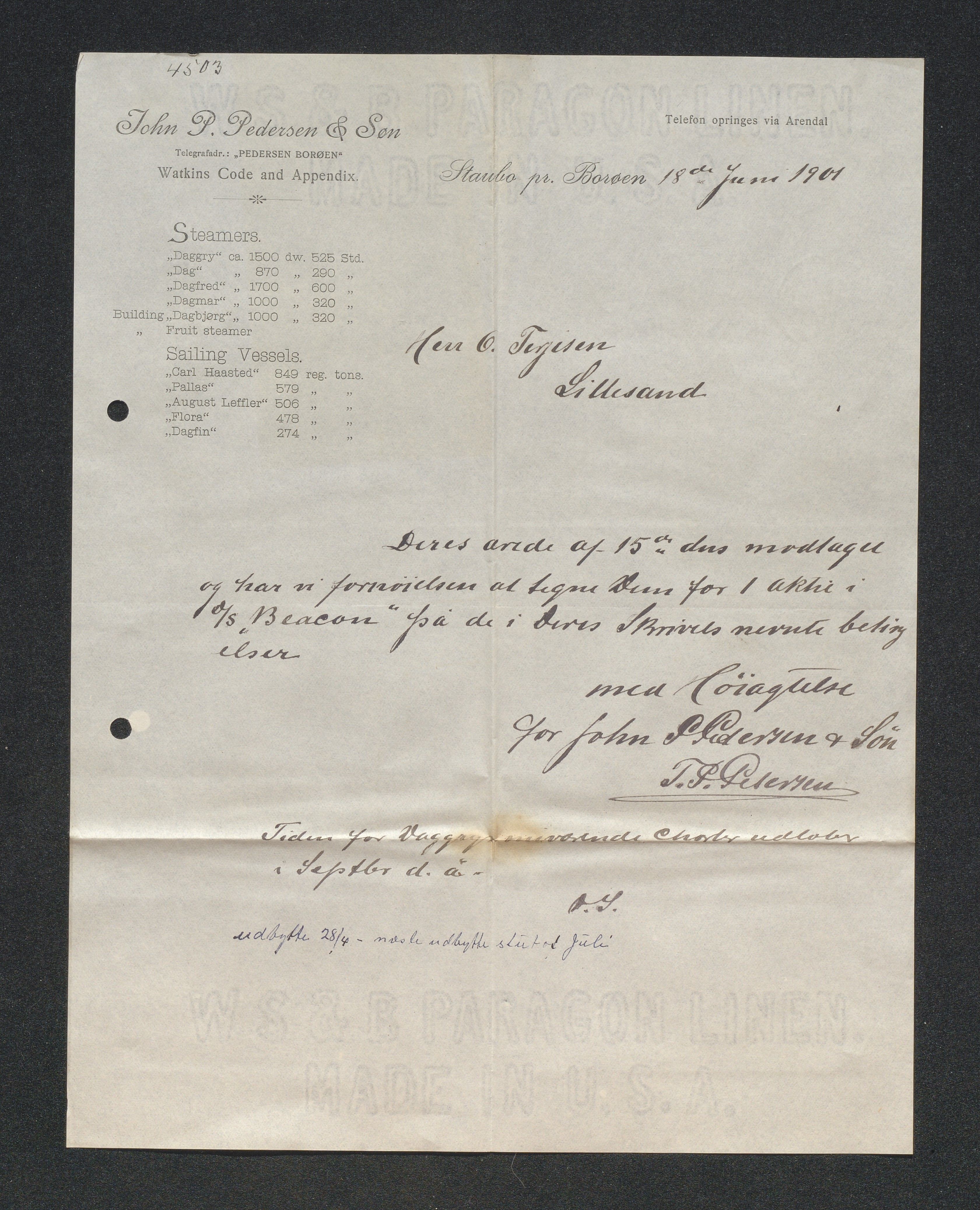 O. Terjesens rederi, AAKS/PA-2525/E/E01/L0009: Korrespondanse, 1901