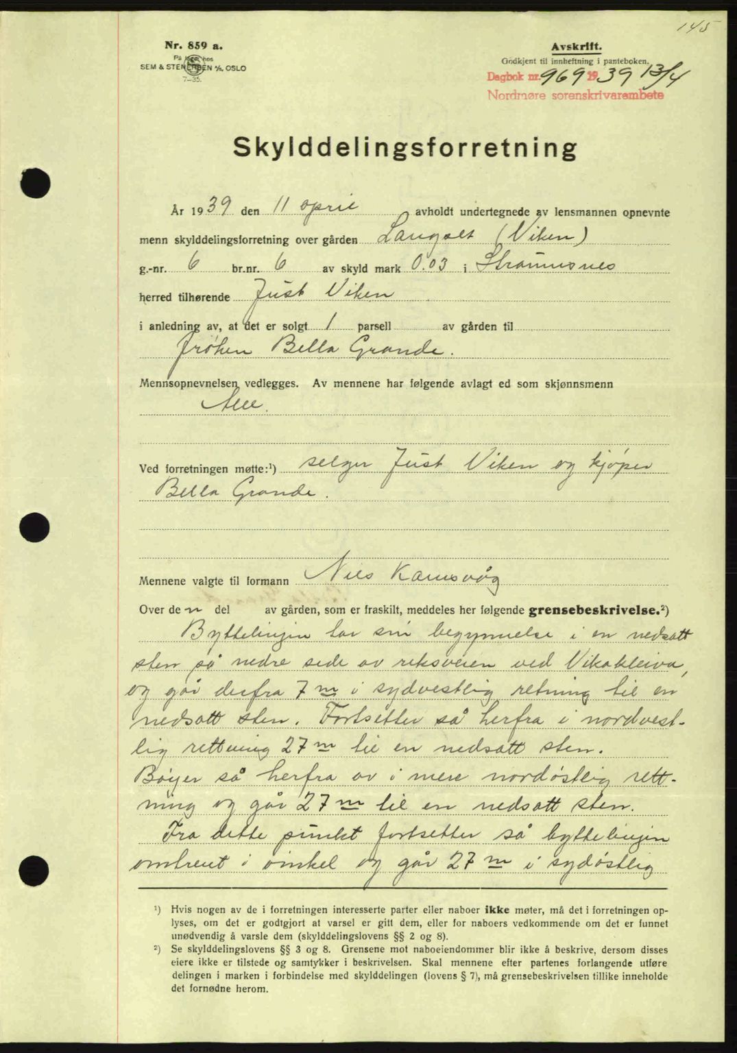 Nordmøre sorenskriveri, AV/SAT-A-4132/1/2/2Ca: Mortgage book no. A86, 1939-1939, Diary no: : 969/1939