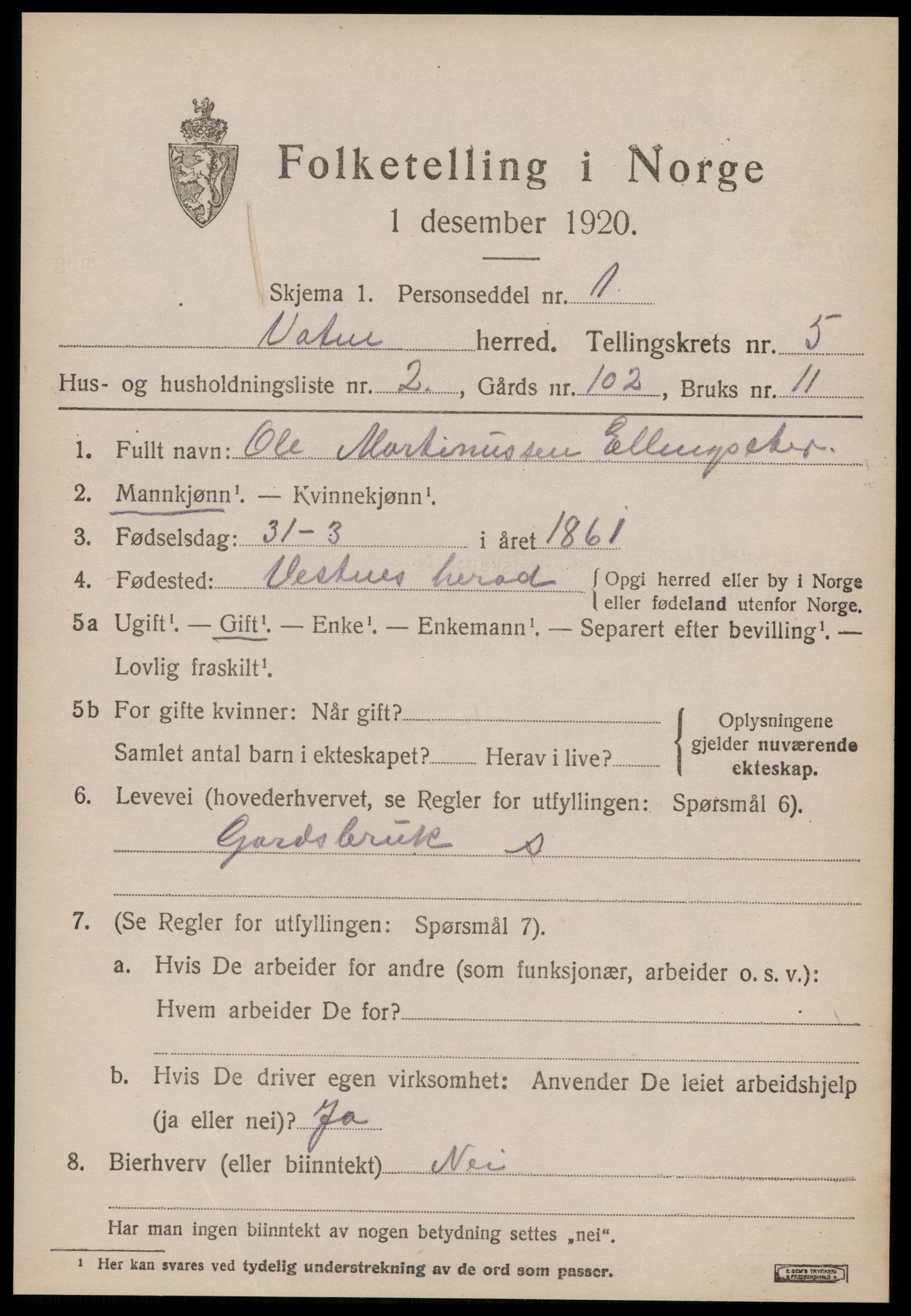 SAT, 1920 census for Vatne, 1920, p. 2156